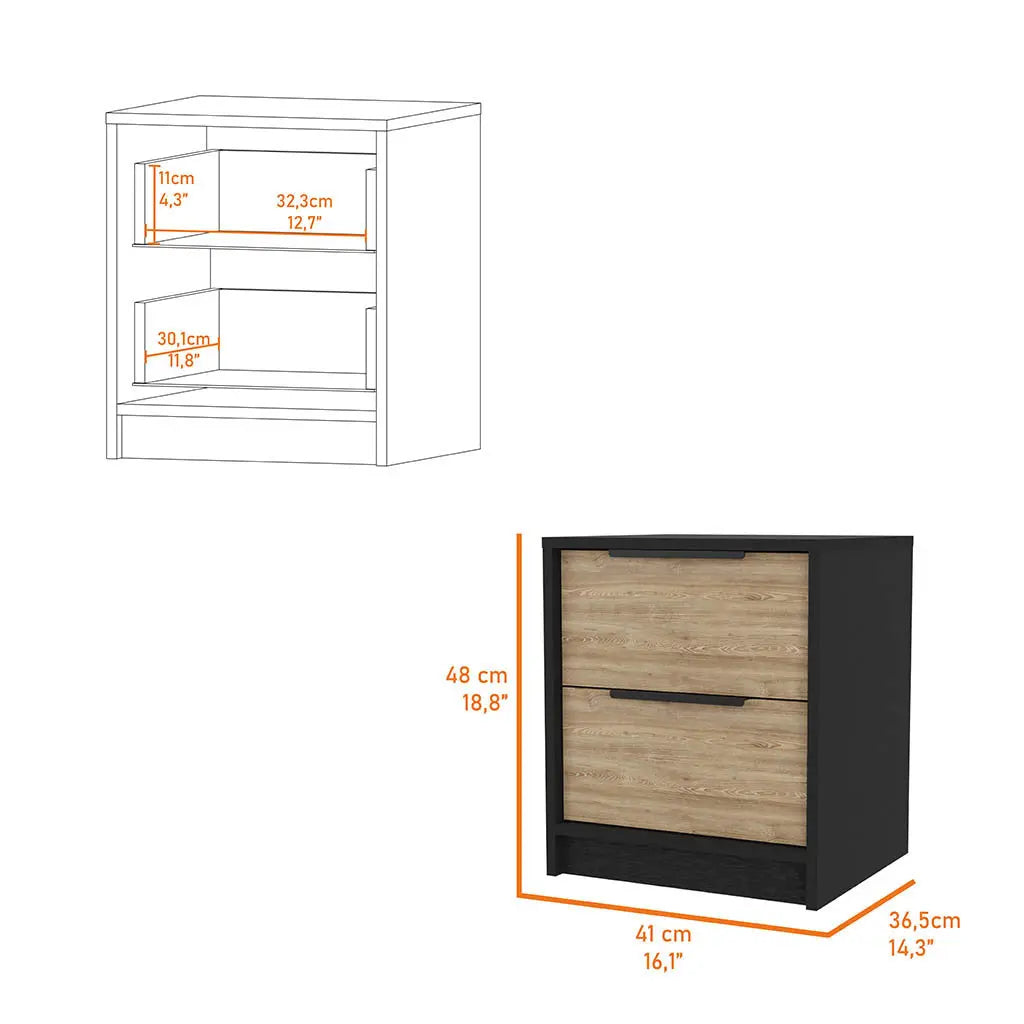 19" Black And Natural Wood Two Drawer Nightstand Homeroots Bed & Bath