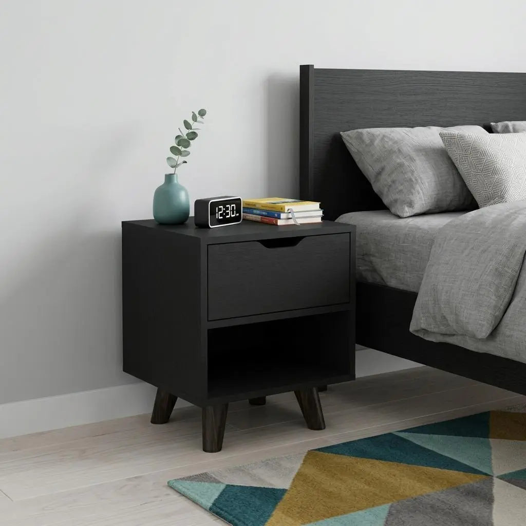 19" Black Wood One Drawer Nightstand Homeroots Bed & Bath