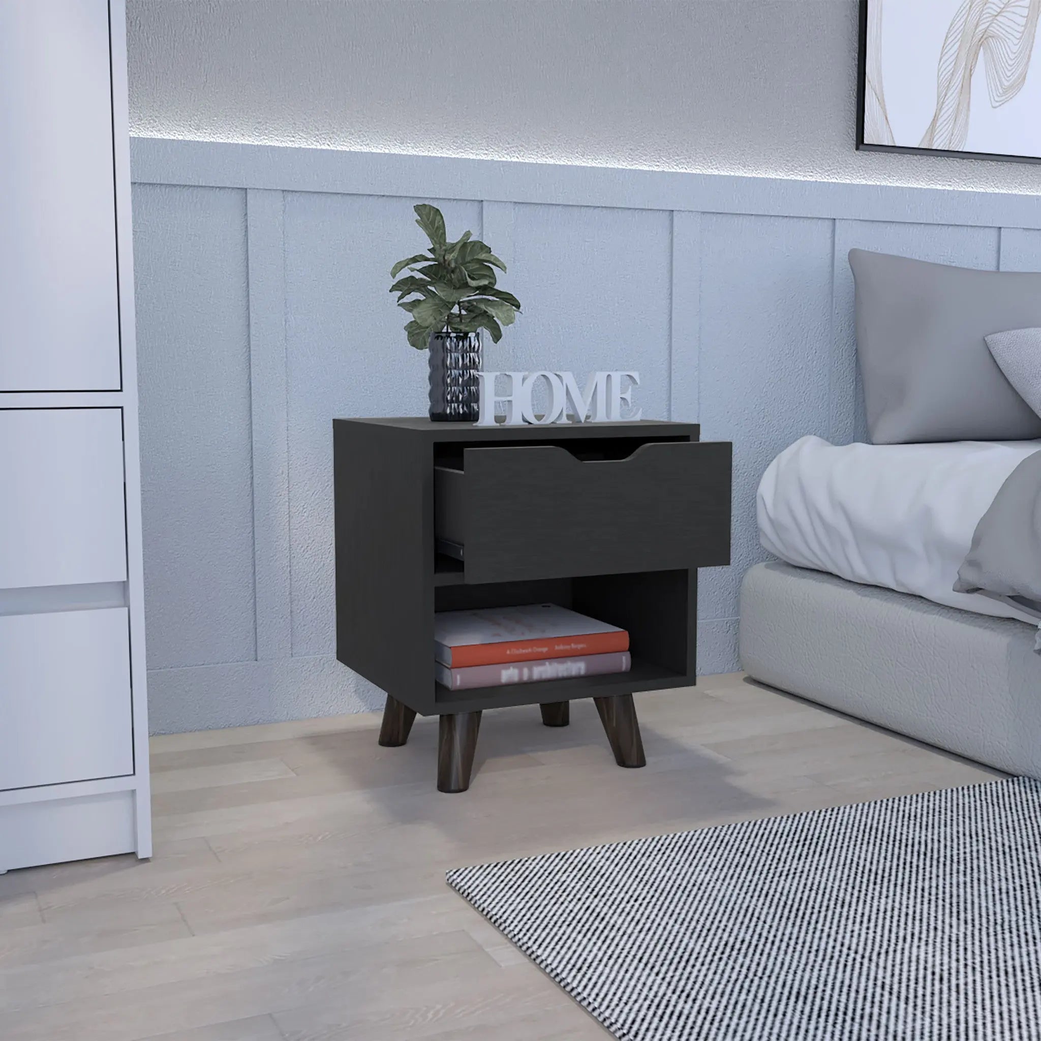 19" Black Wood One Drawer Nightstand Homeroots Bed & Bath