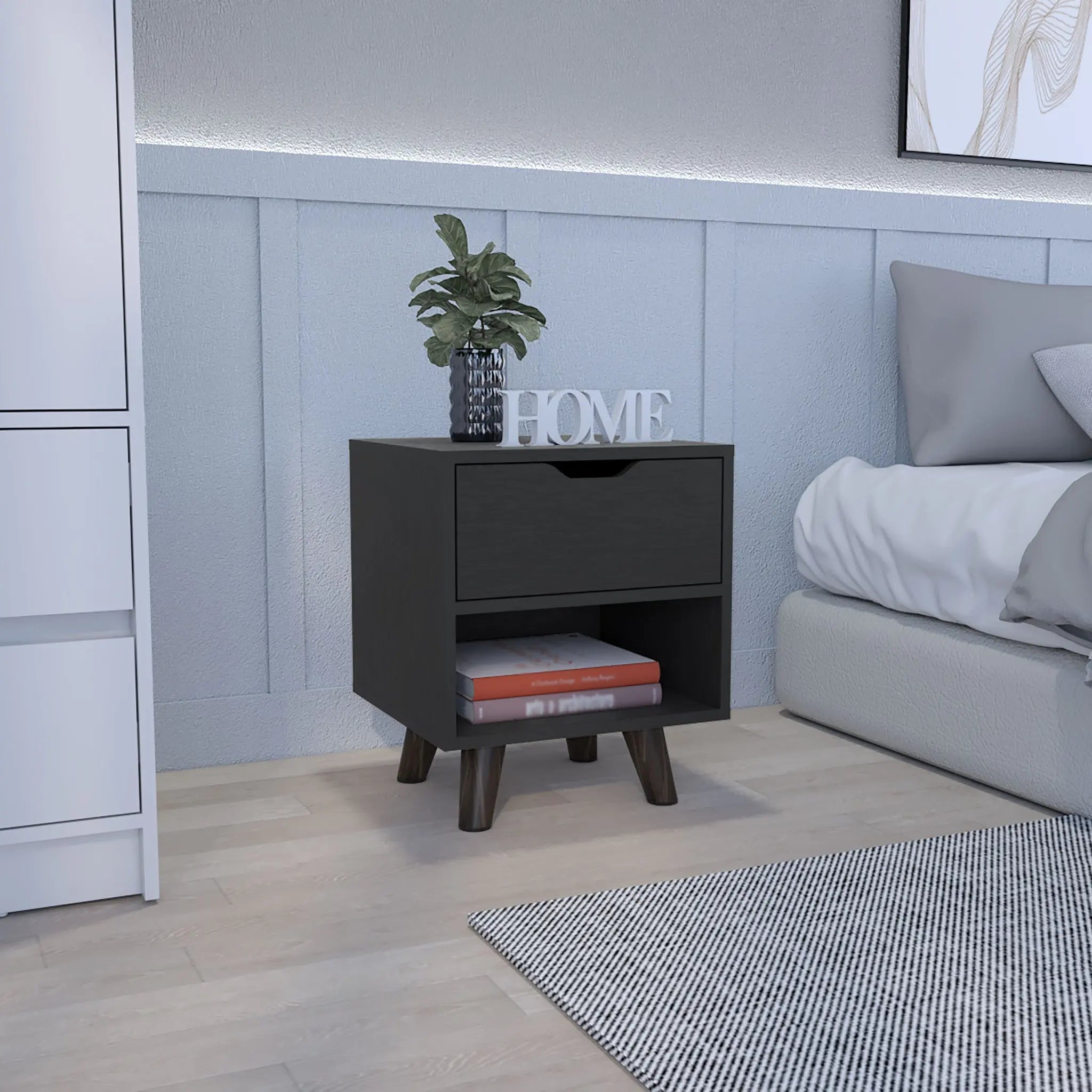 19" Black Wood One Drawer Nightstand Homeroots Bed & Bath