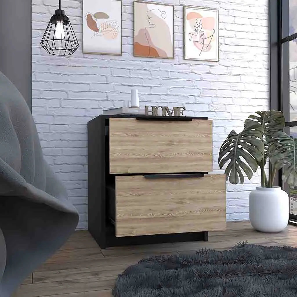 19" Black Wood Two Drawer Nightstand Homeroots Bed & Bath