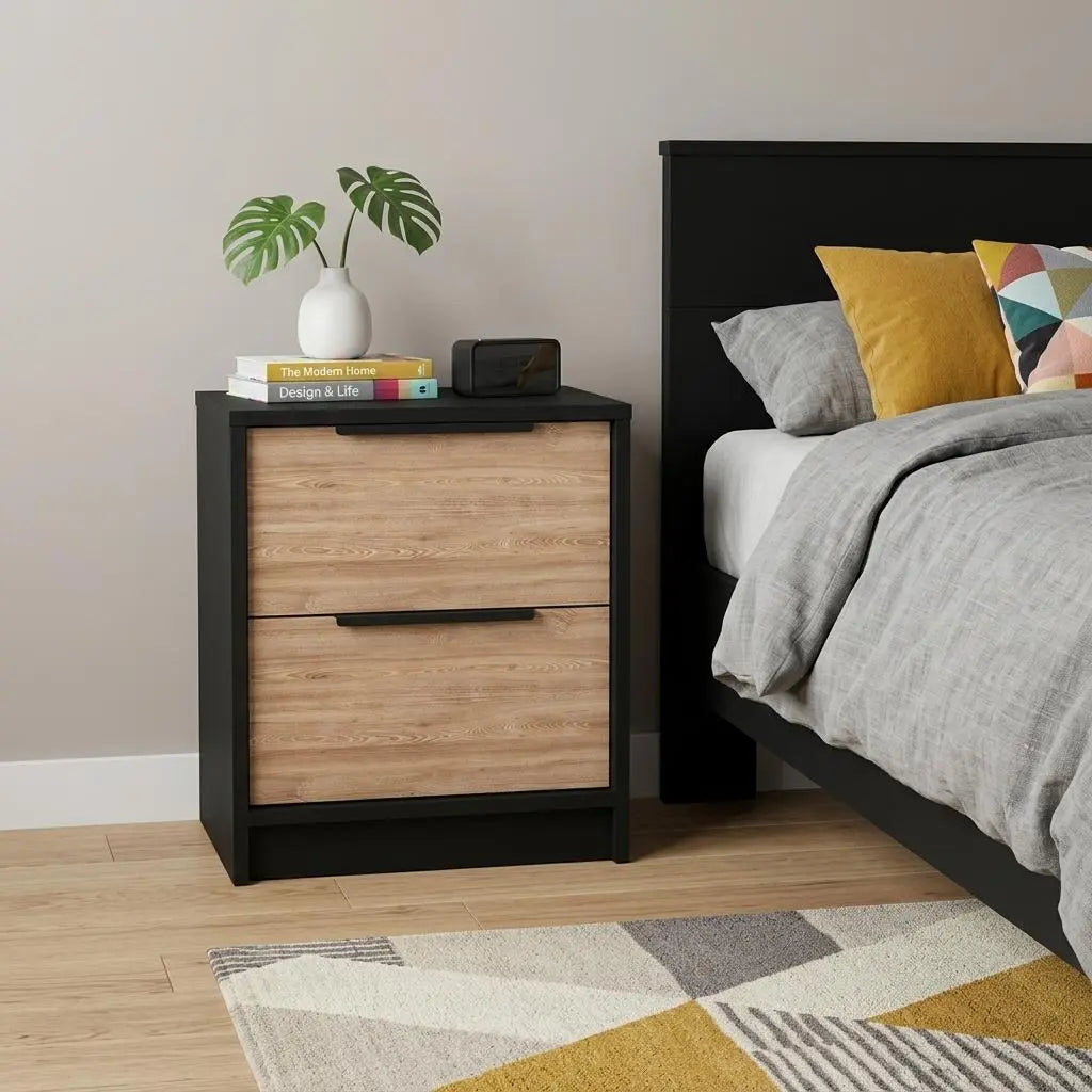 19" Black Wood Two Drawer Nightstand Homeroots Bed & Bath