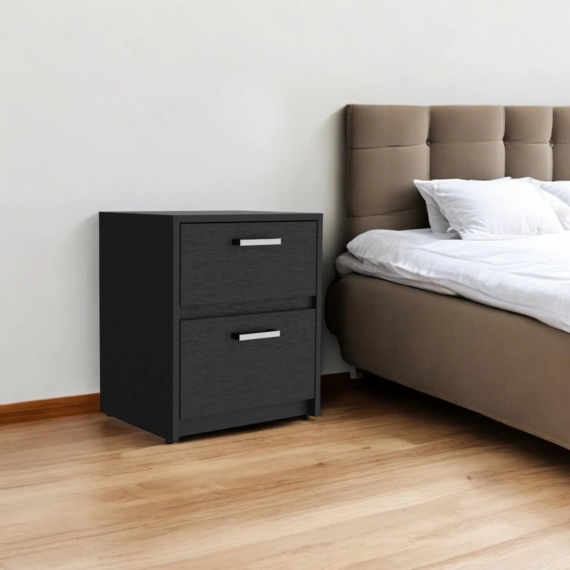 19" Black Wood Two Drawer Nightstand with Integrated Tech Homeroots Bed & Bath