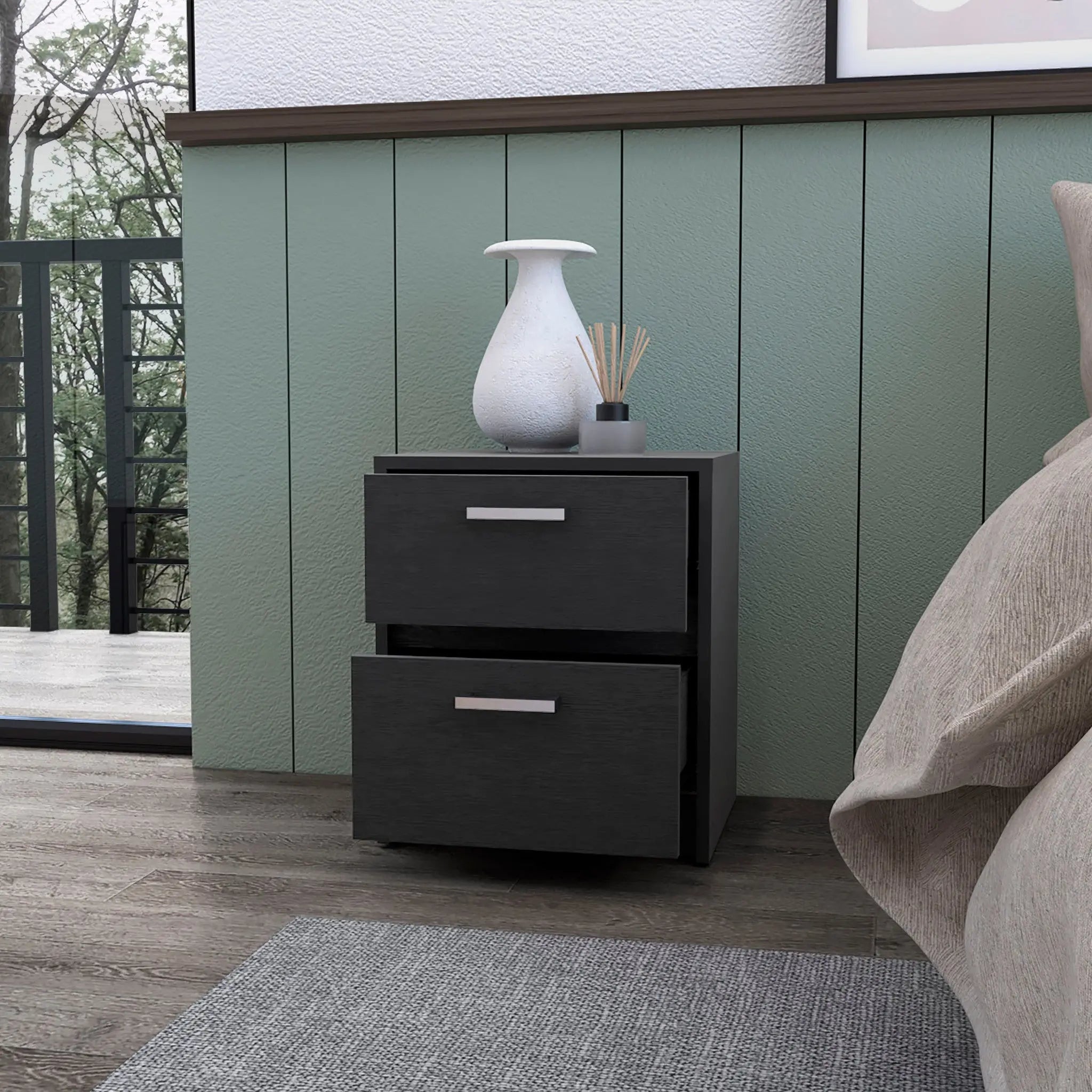 19" Black Wood Two Drawer Nightstand with Integrated Tech Homeroots Bed & Bath