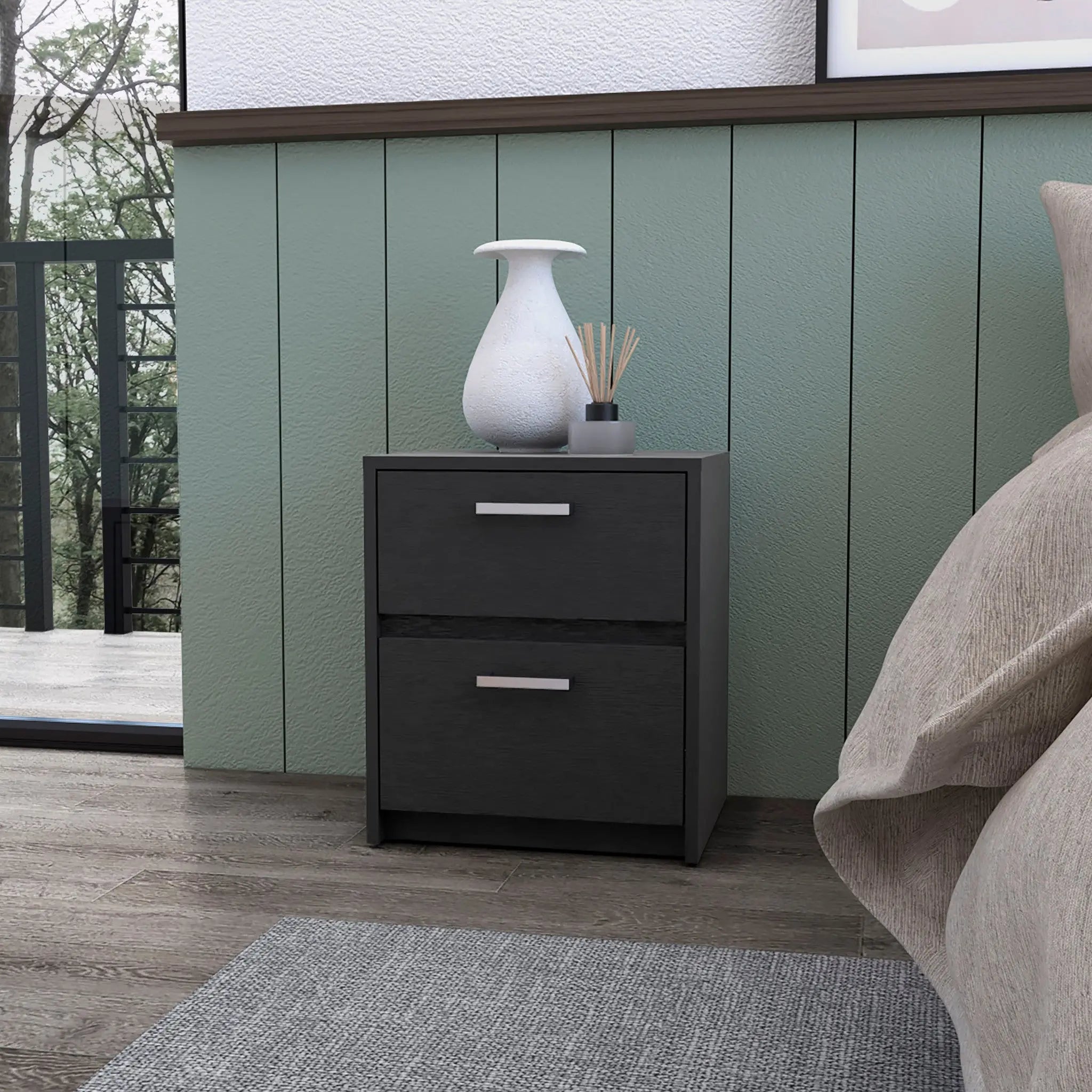 19" Black Wood Two Drawer Nightstand with Integrated Tech Homeroots Bed & Bath