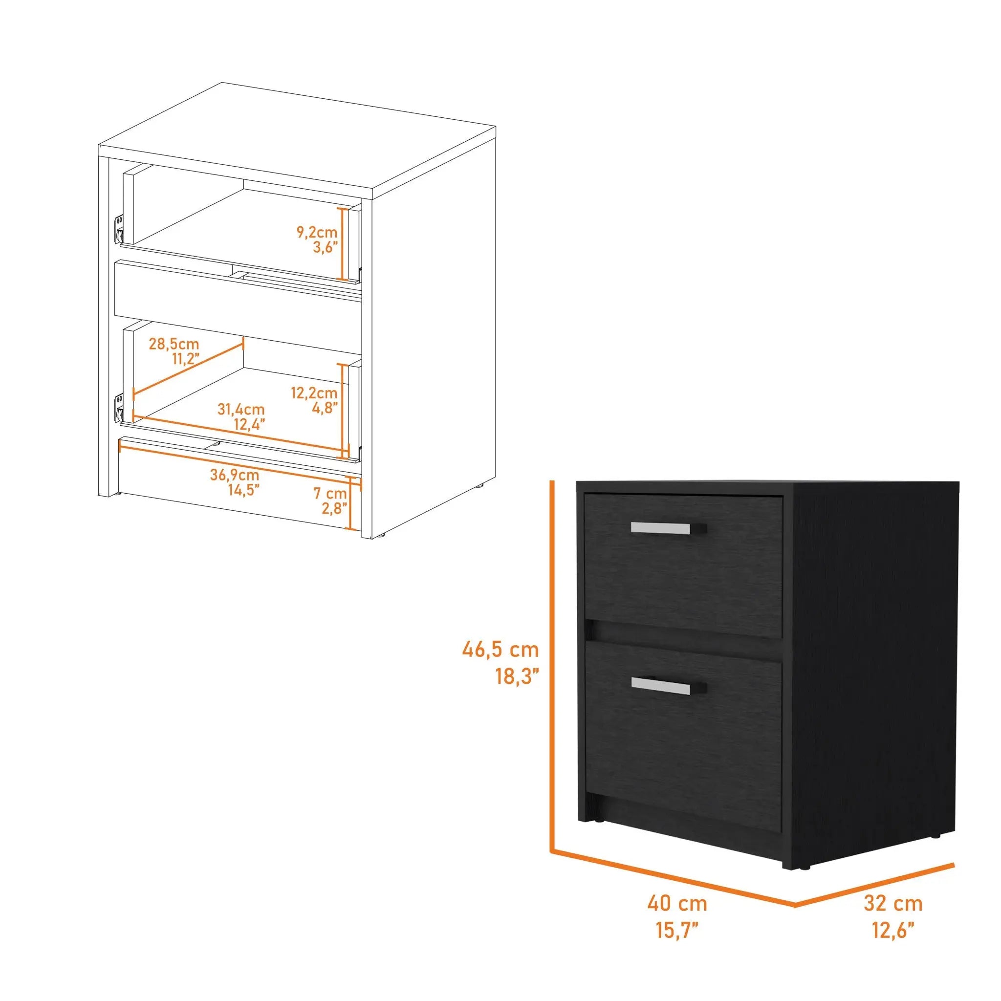 19" Black Wood Two Drawer Nightstand with Integrated Tech Homeroots Bed & Bath
