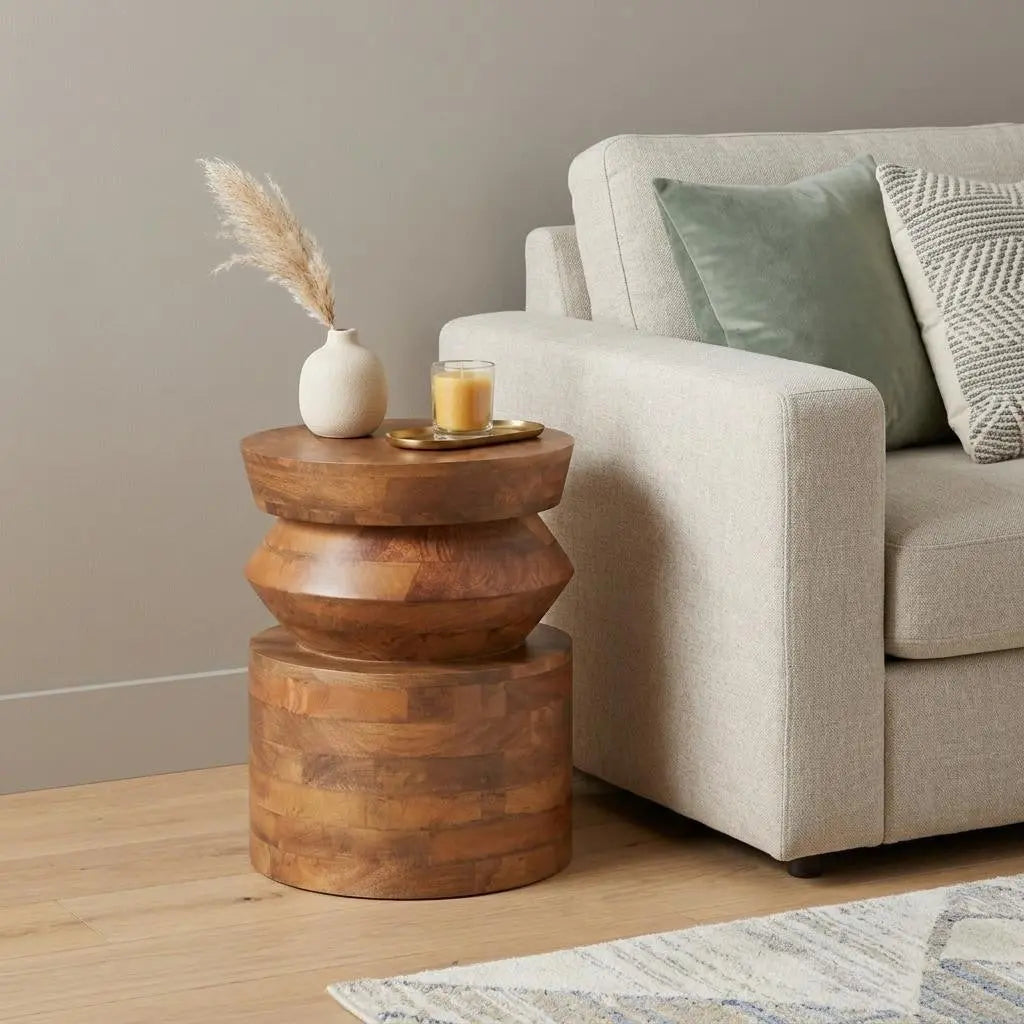 19" Brown Solid Wood Round Drum End Table Homeroots Living Room