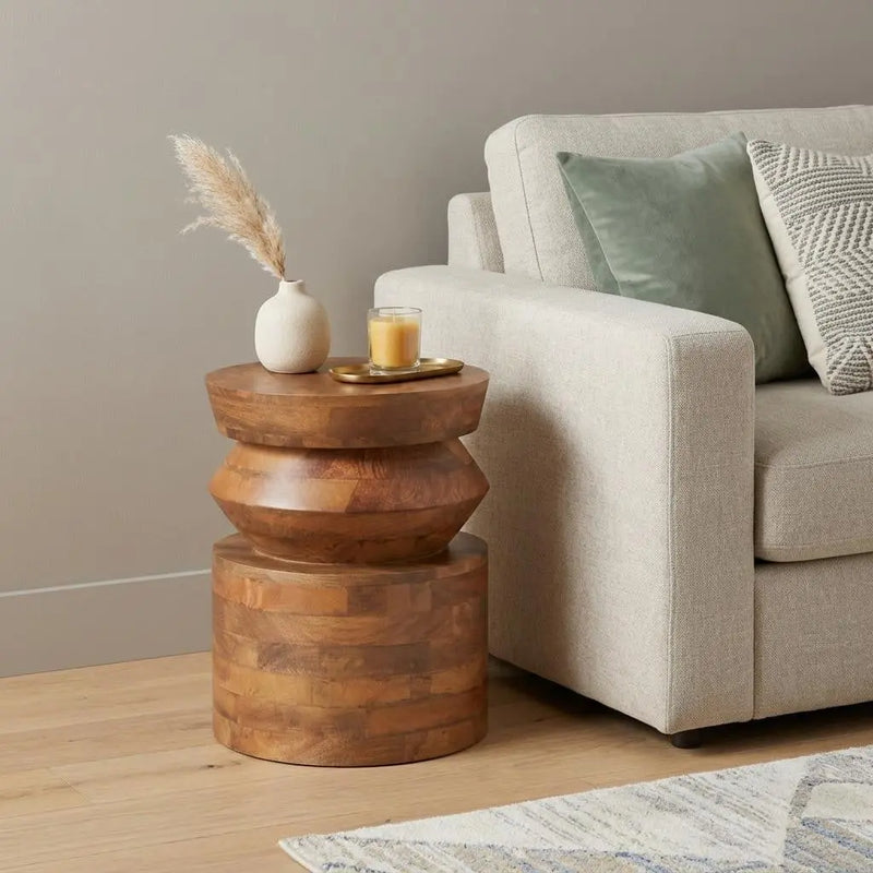 19" Brown Solid Wood Round Drum End Table Homeroots Living Room
