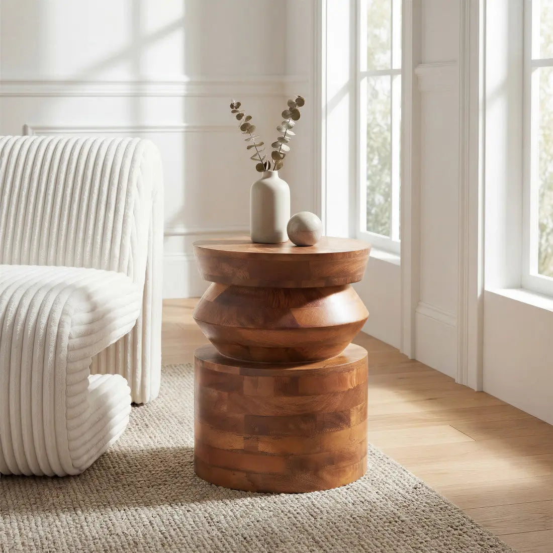 19" Brown Solid Wood Round Drum End Table Homeroots Living Room