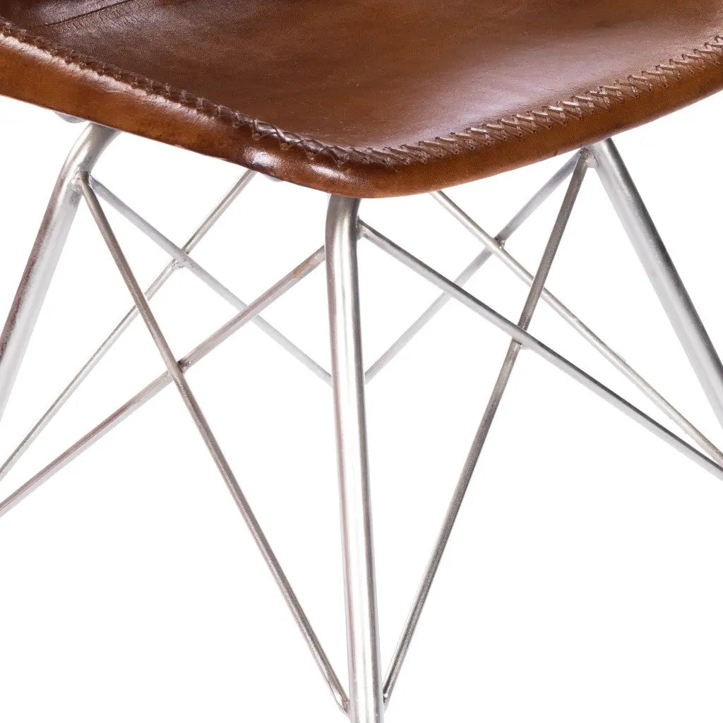 19" Brown and Silver Faux Leather Side Chair Homeroots Living Room