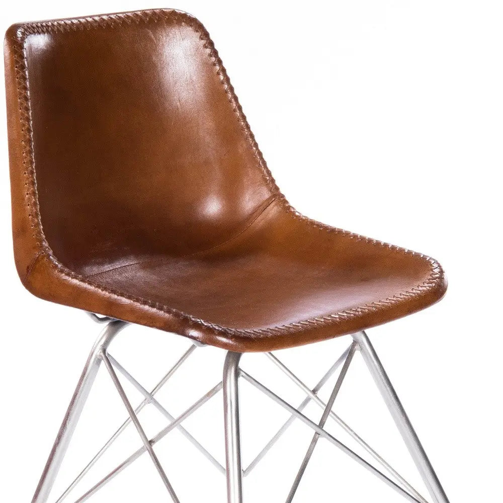 19" Brown and Silver Faux Leather Side Chair Homeroots Living Room
