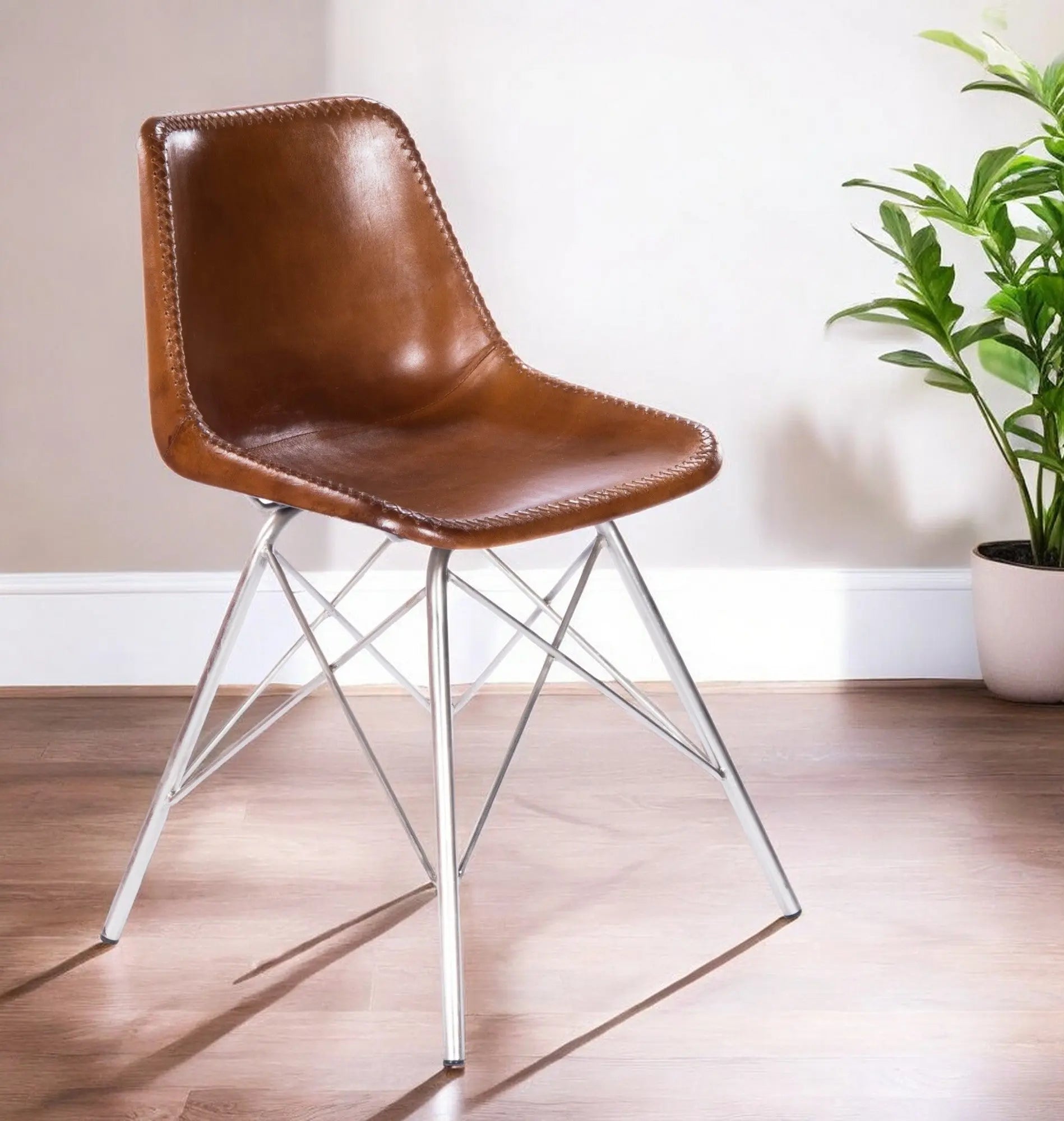 19" Brown and Silver Faux Leather Side Chair Homeroots Living Room