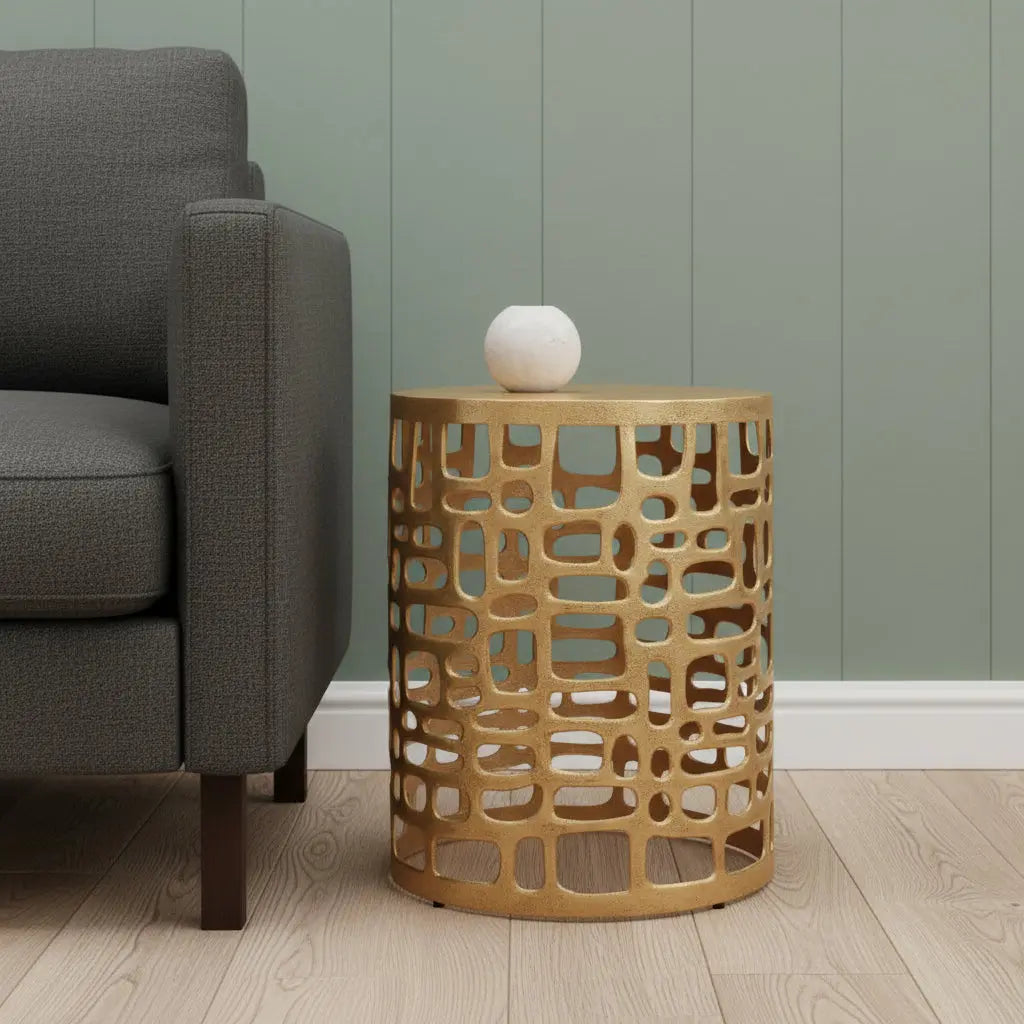 19" Gold Modern Abstract Cut Out Round Drum End Table Homeroots Living Room