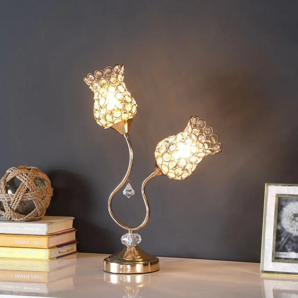 19" Gold Two Light Bedside Table Lamp With Clear Novelty Shade Homeroots Lighting