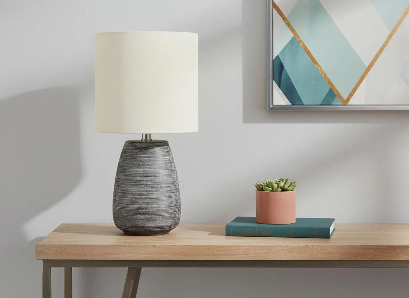 19" Gray Ceramic Round Table Lamp With Ivory Drum Shade Homeroots Lighting