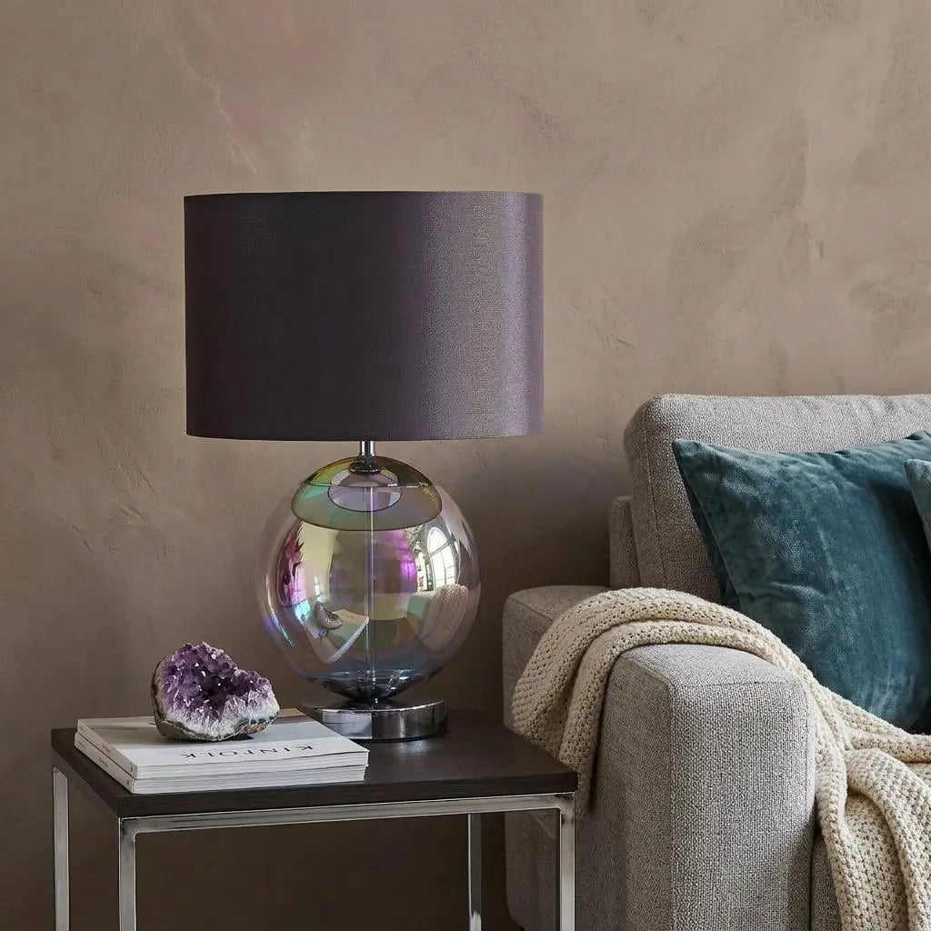 19" Iridescent Glass Globe Table Lamp With Gray Classic Drum Shade Homeroots Lighting