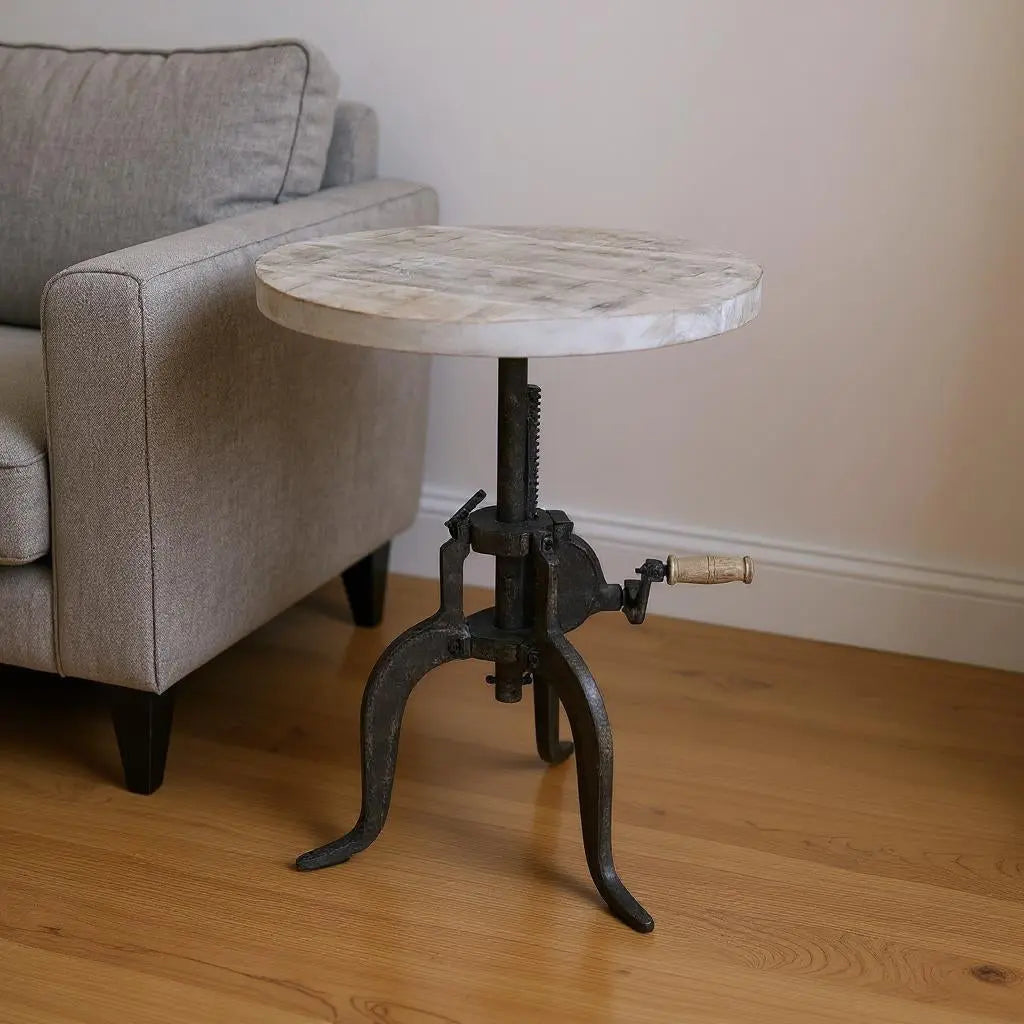 19" Natural and Gunmetal Solid Wood and Iron Height Adjustable Round End Table Homeroots Living Room