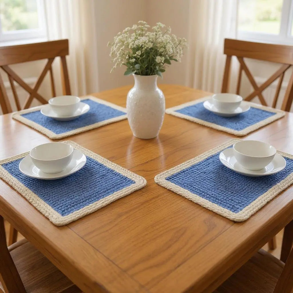 19" Set of Four Blue And Natural Solid With Border Cotton Placemats Homeroots Kitchen & Dining