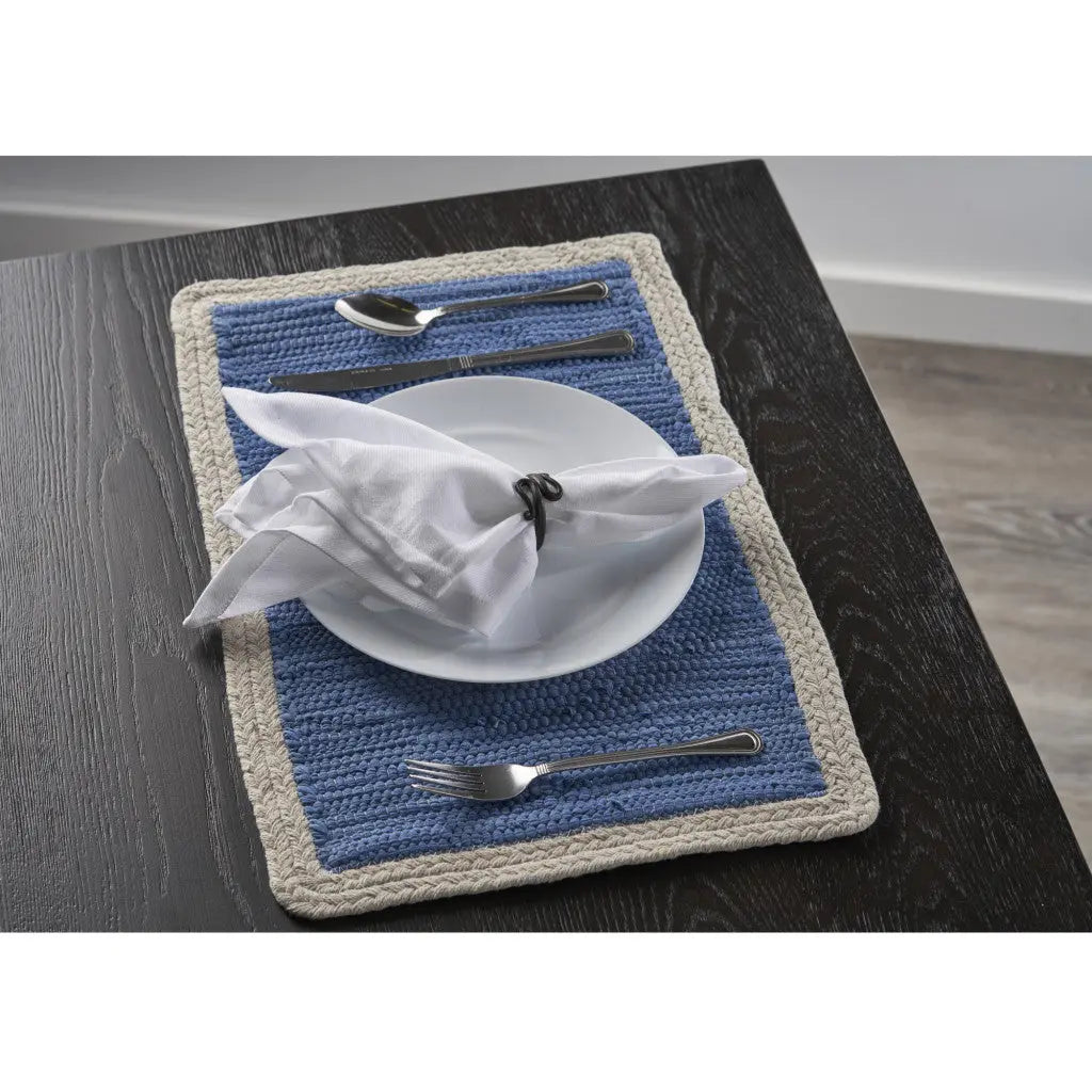 19" Set of Four Blue And Natural Solid With Border Cotton Placemats Homeroots Kitchen & Dining