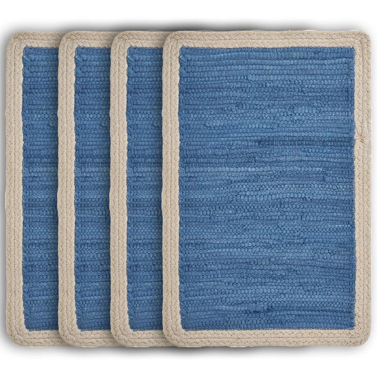 19" Set of Four Blue And Natural Solid With Border Cotton Placemats Homeroots Kitchen & Dining