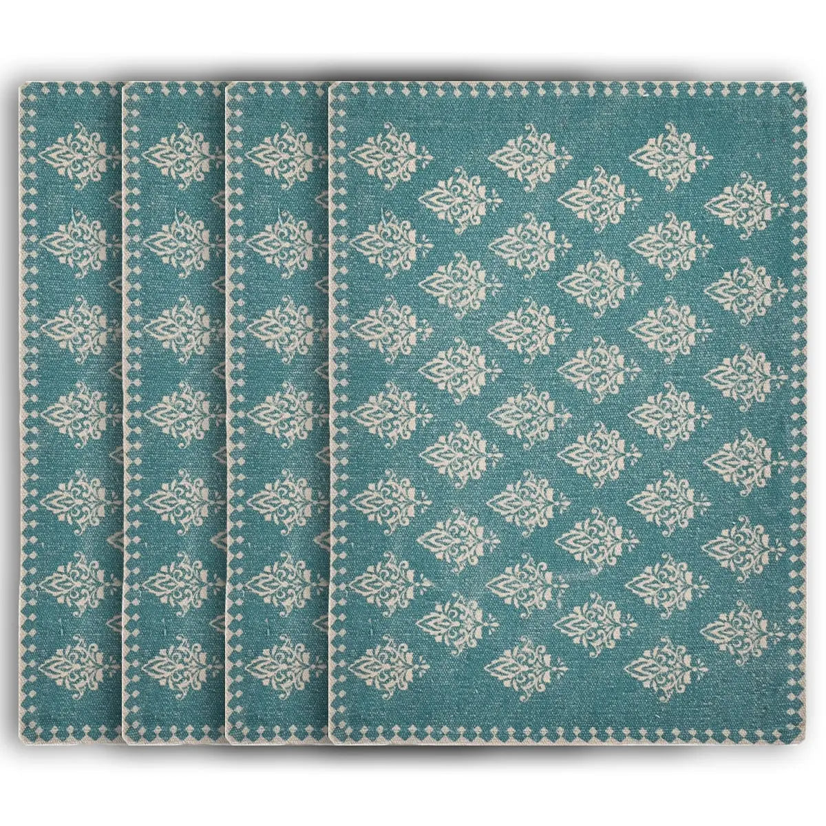 19" Set of Four Cream And Turquoise Damask Cotton Placemats Homeroots Kitchen & Dining