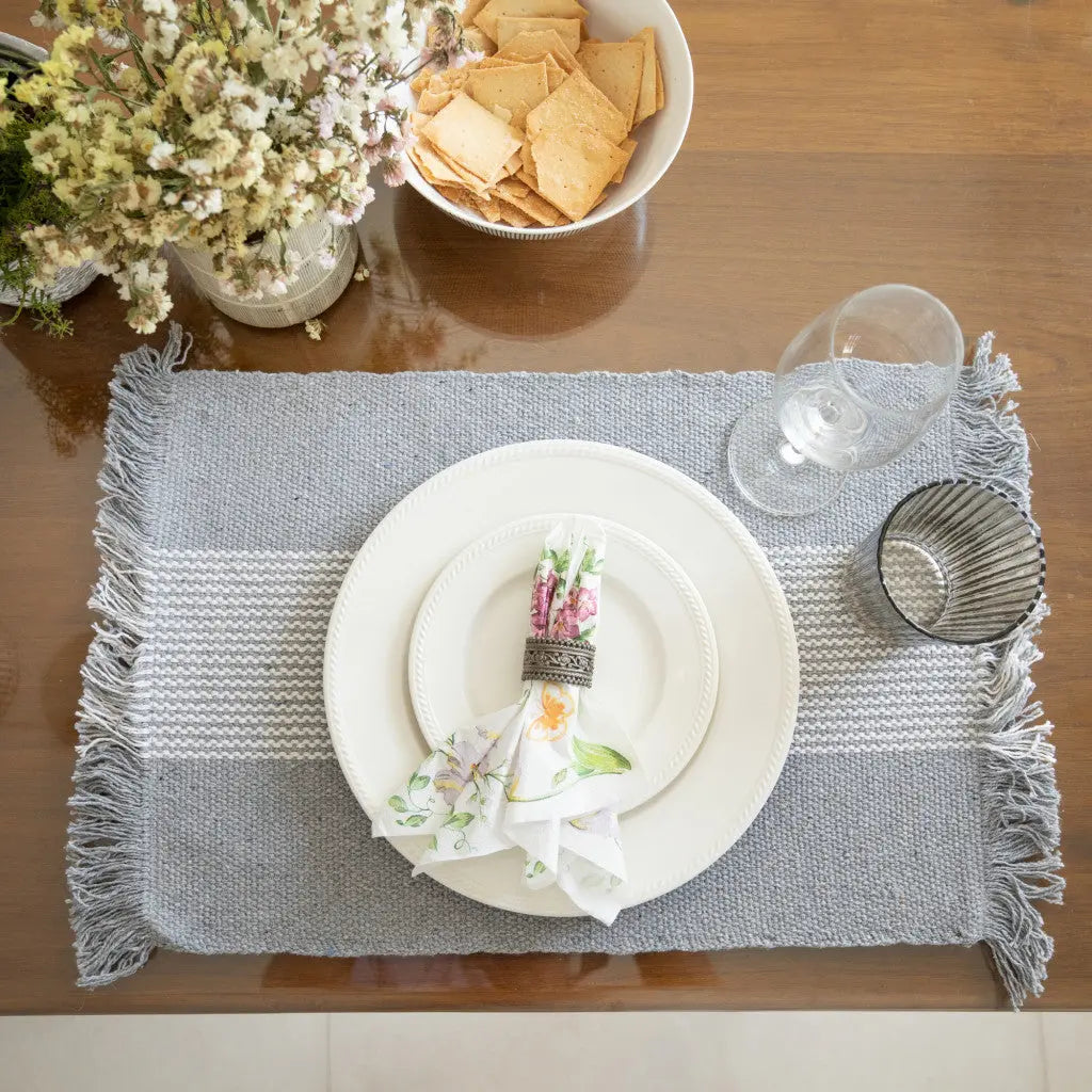 19" Set of Four Gray And White Striped Cotton Placemats Homeroots Kitchen & Dining