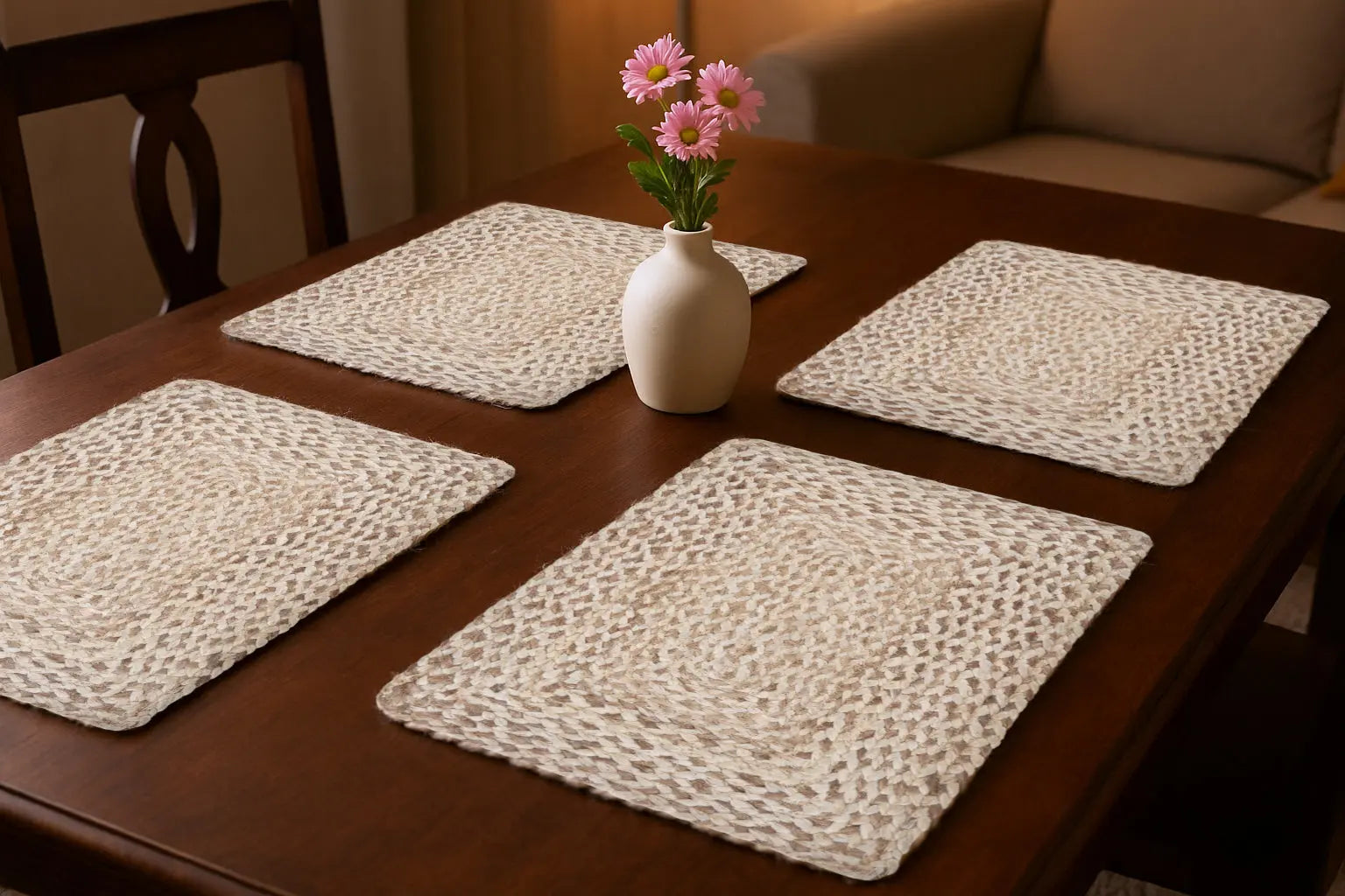19" Set of Four Ivory And Natural Jute Placemats Homeroots Kitchen & Dining