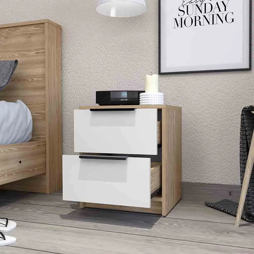 19" White And Natural Wood Two Drawer Nightstand Homeroots Bed & Bath