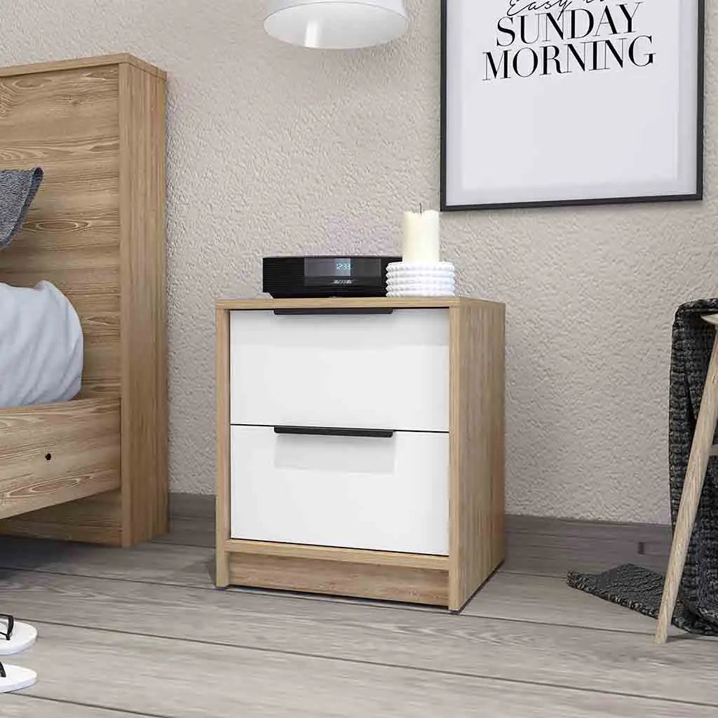 19" White And Natural Wood Two Drawer Nightstand Homeroots Bed & Bath