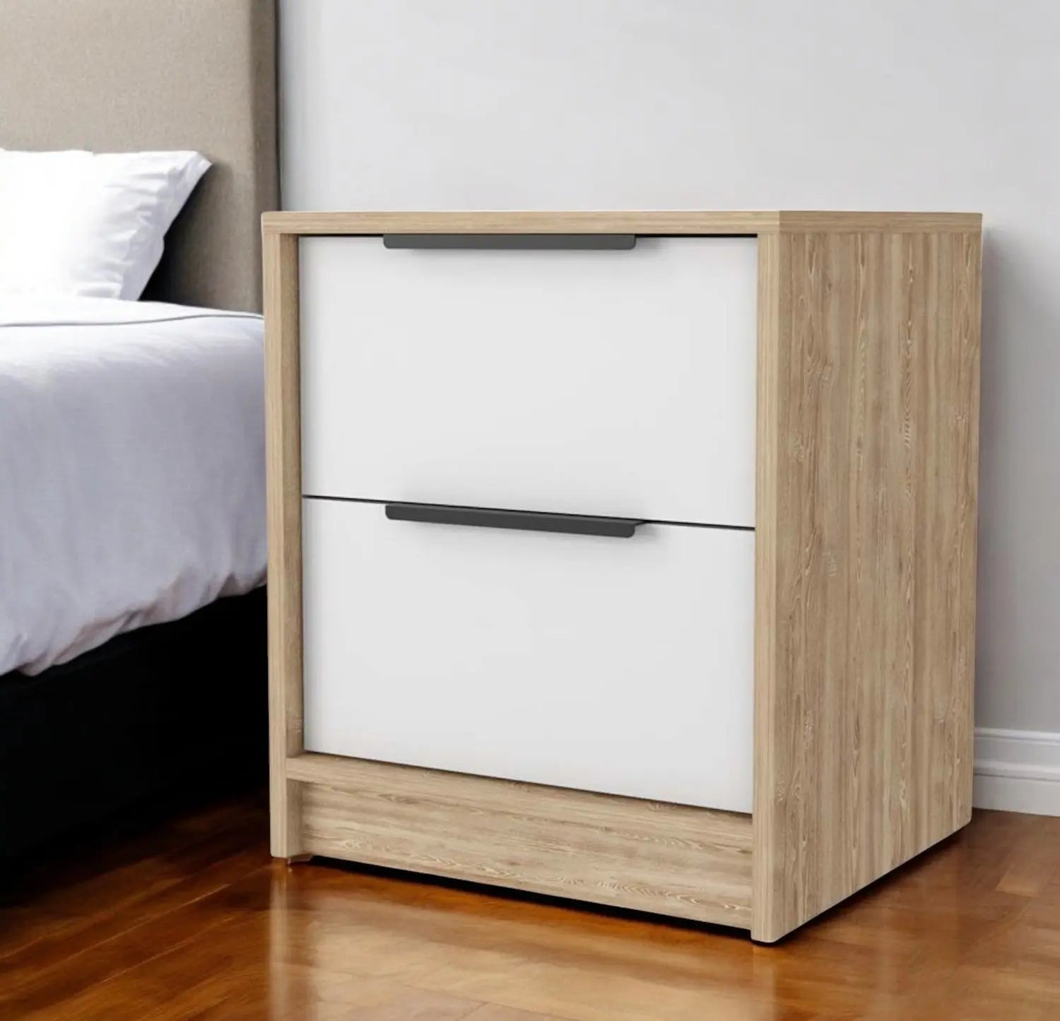 19" White And Natural Wood Two Drawer Nightstand Homeroots Bed & Bath