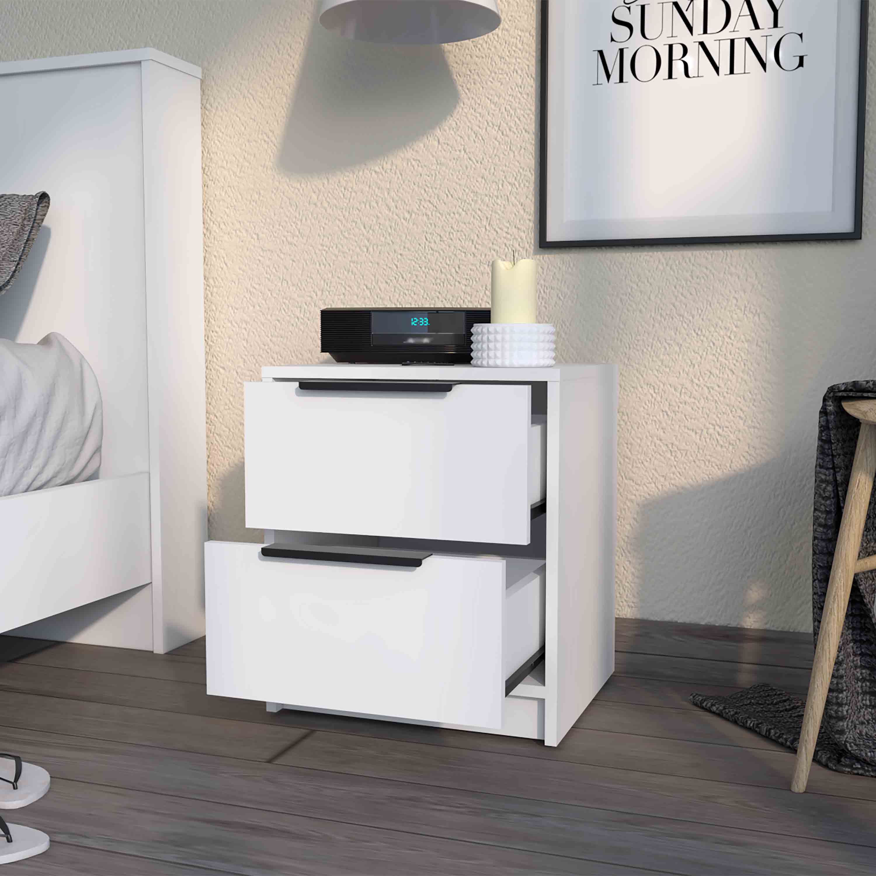 19" White Wood Two Drawer Nightstand Homeroots Bed & Bath