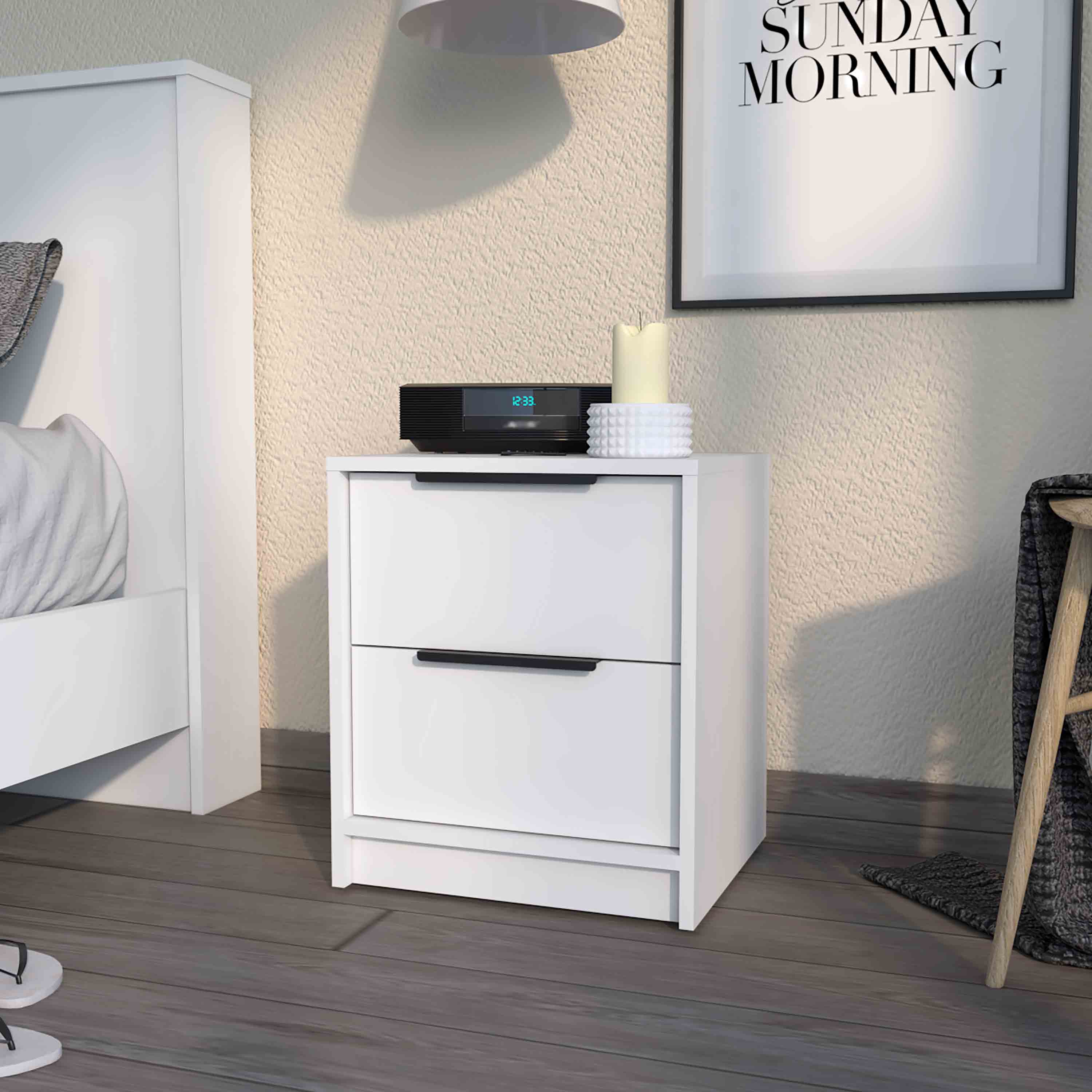 19" White Wood Two Drawer Nightstand Homeroots Bed & Bath