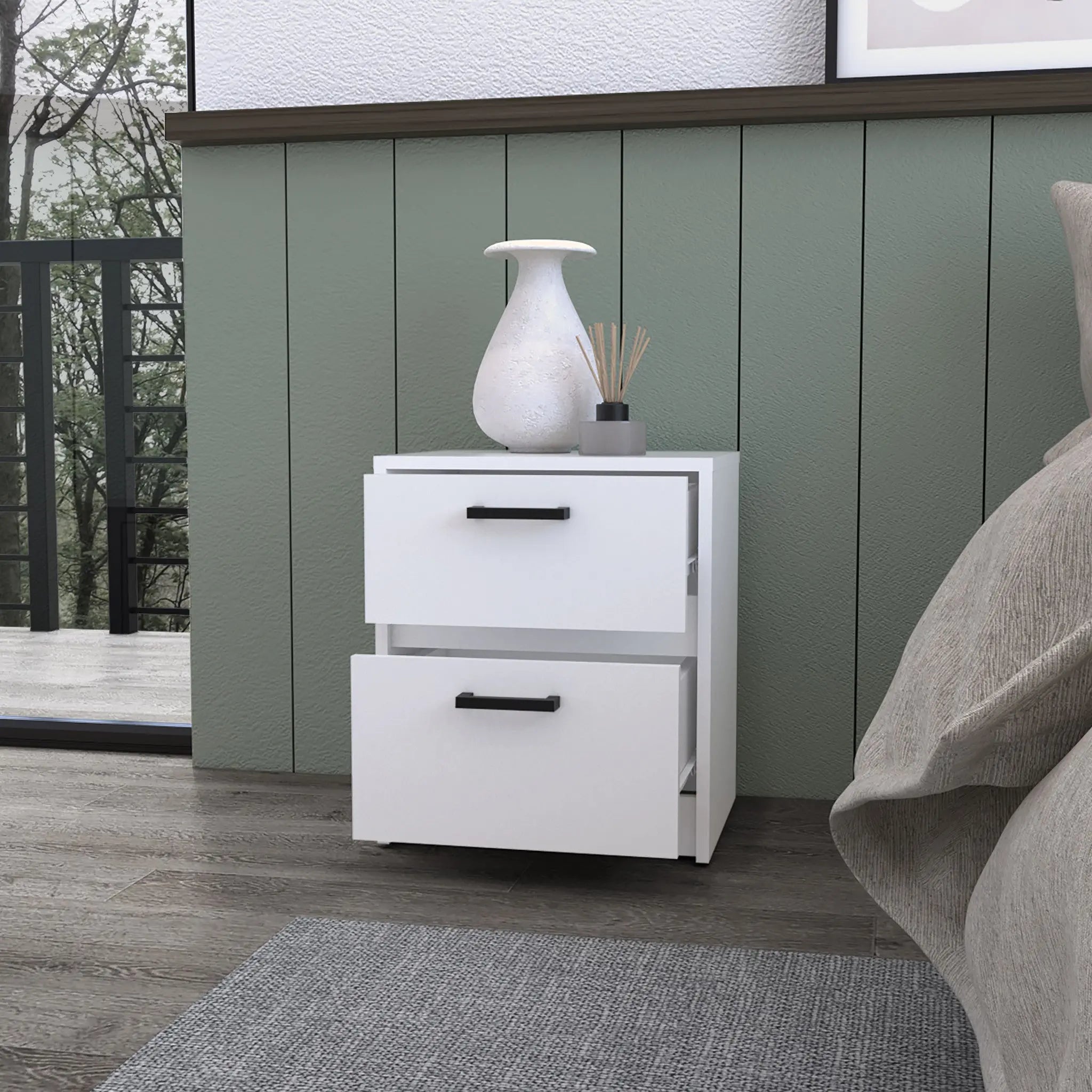 19" White Wood Two Drawer Nightstand with Integrated Tech Homeroots Bed & Bath