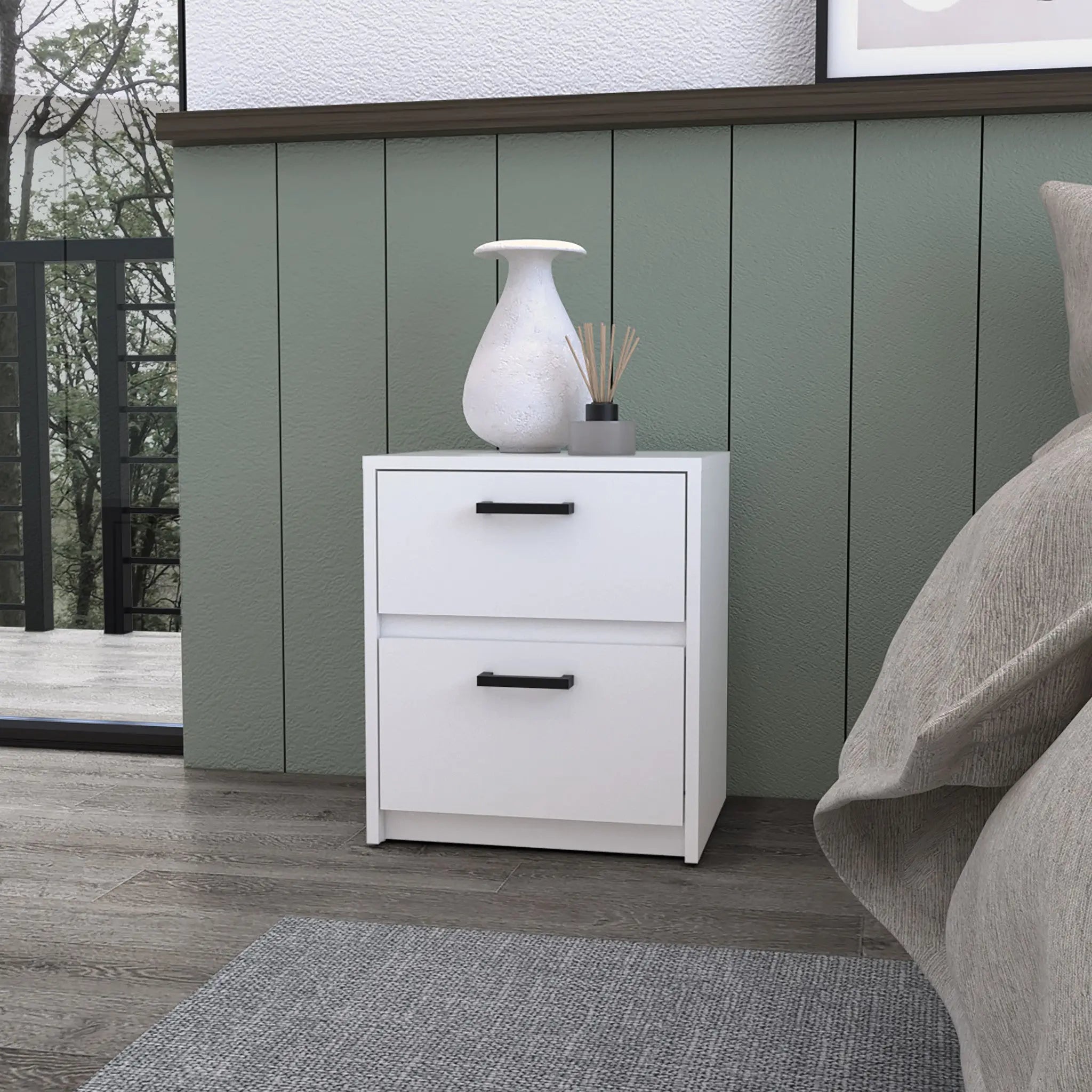 19" White Wood Two Drawer Nightstand with Integrated Tech Homeroots Bed & Bath