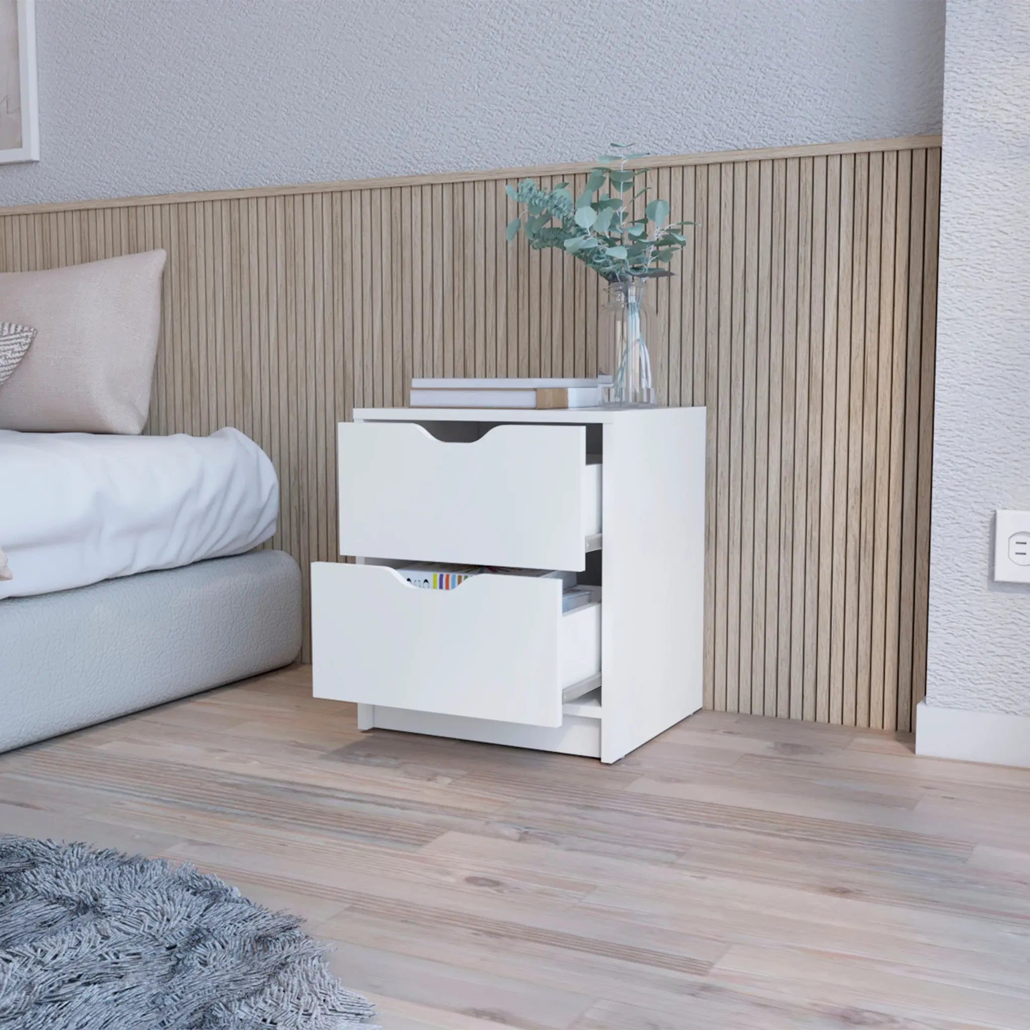 19" White Wood Two Drawer Nightstand with Integrated Tech Homeroots Bed & Bath