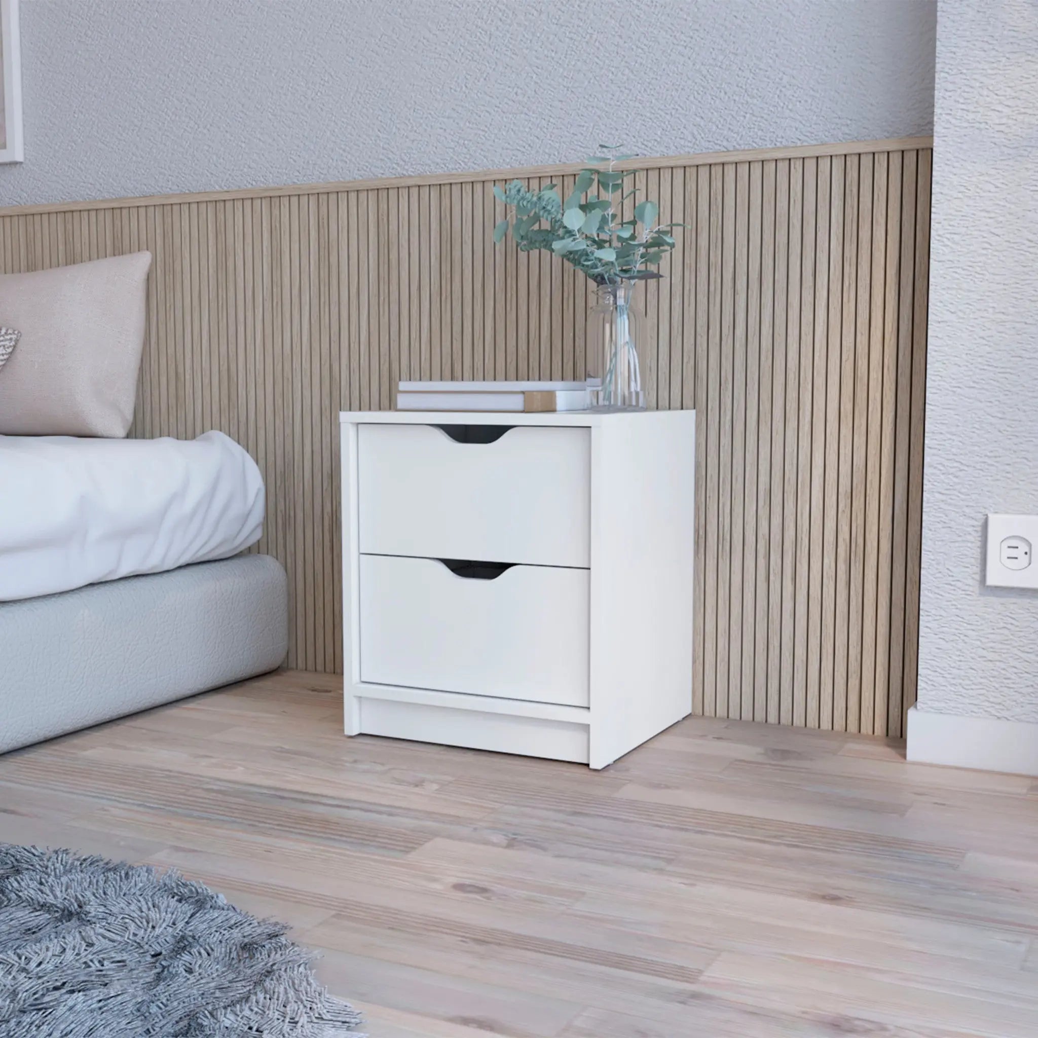 19" White Wood Two Drawer Nightstand with Integrated Tech Homeroots Bed & Bath