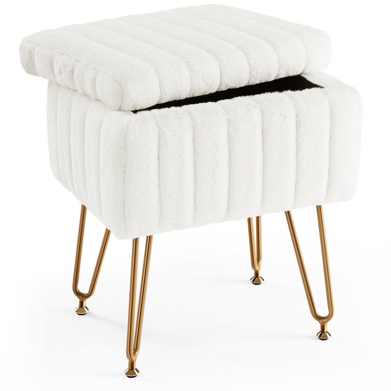 19" White and Gold Faux Fur Tufted Storage Ottoman Homeroots Living Room