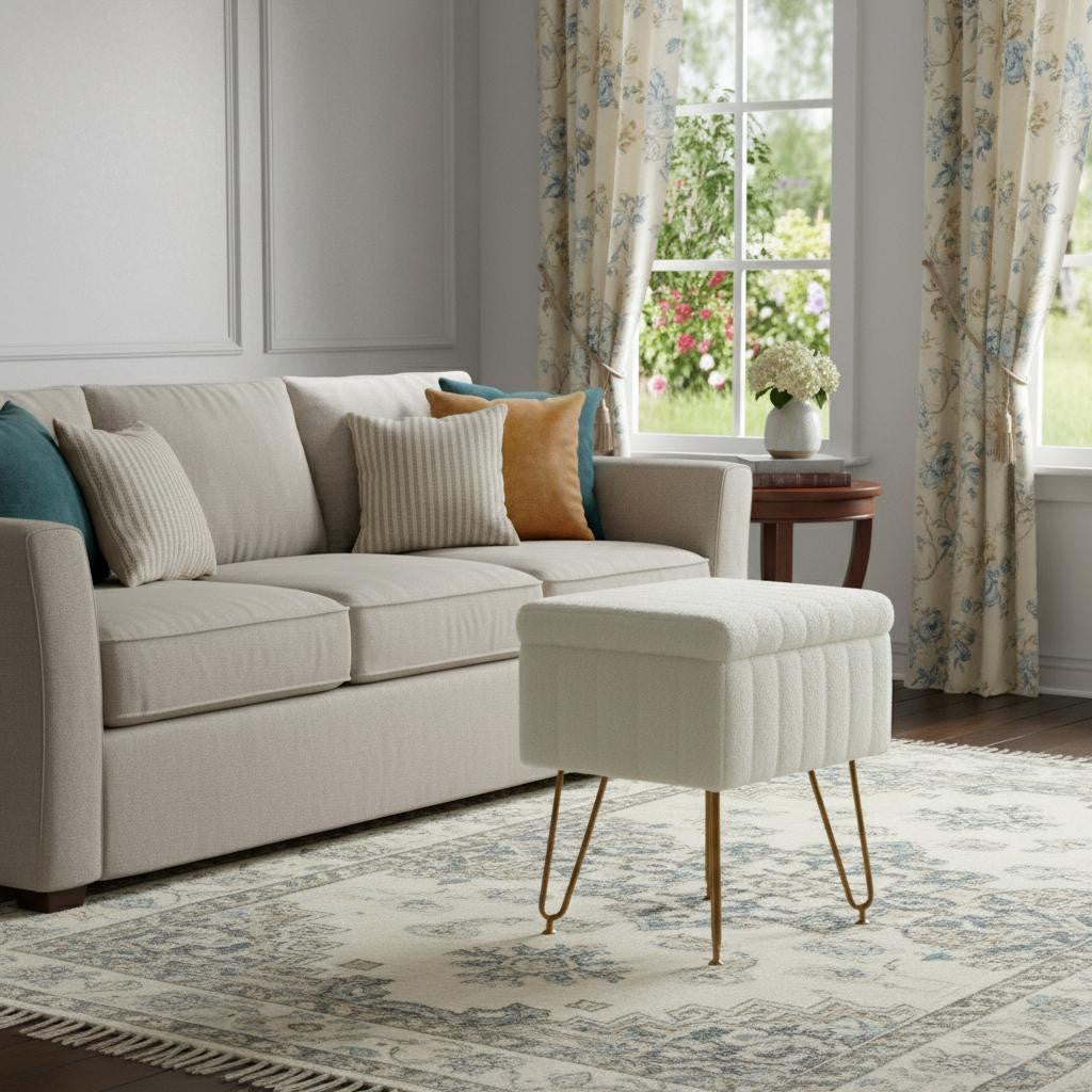 19" White and Gold Faux Fur Tufted Storage Ottoman Homeroots Living Room