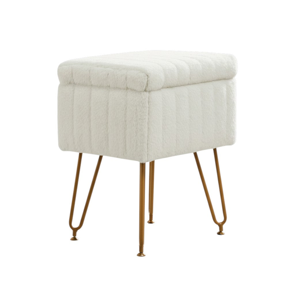 19" White and Gold Faux Fur Tufted Storage Ottoman Homeroots Living Room