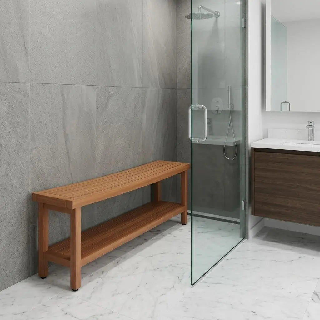 19" X 60" Brown Teak Rectangular Shower Bench With Shelf Homeroots Bed & Bath
