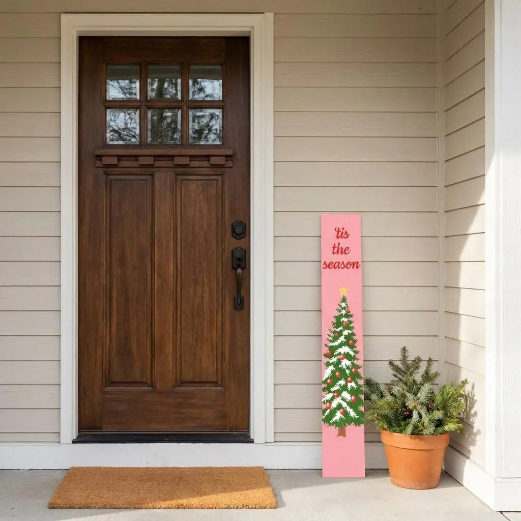 1" Pink And Green Solid Wood Christmas Christmas Tree Porch Sign Homeroots Outdoor