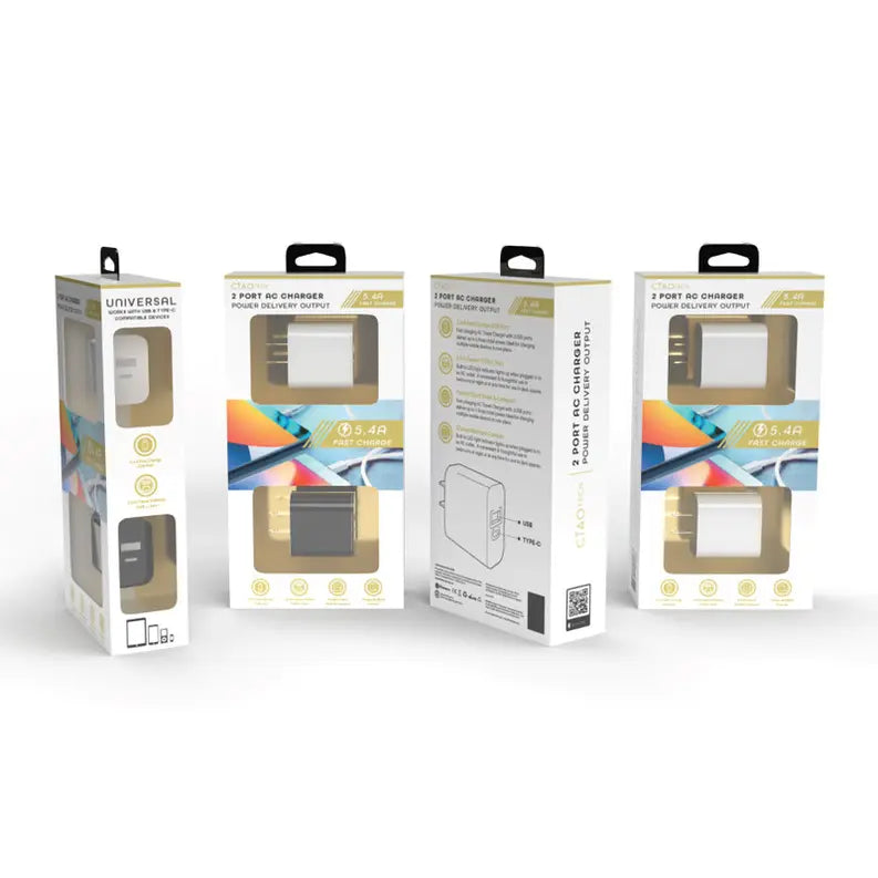 2 pack Dual port AC charger - Type C & USB -White CIAO Tech