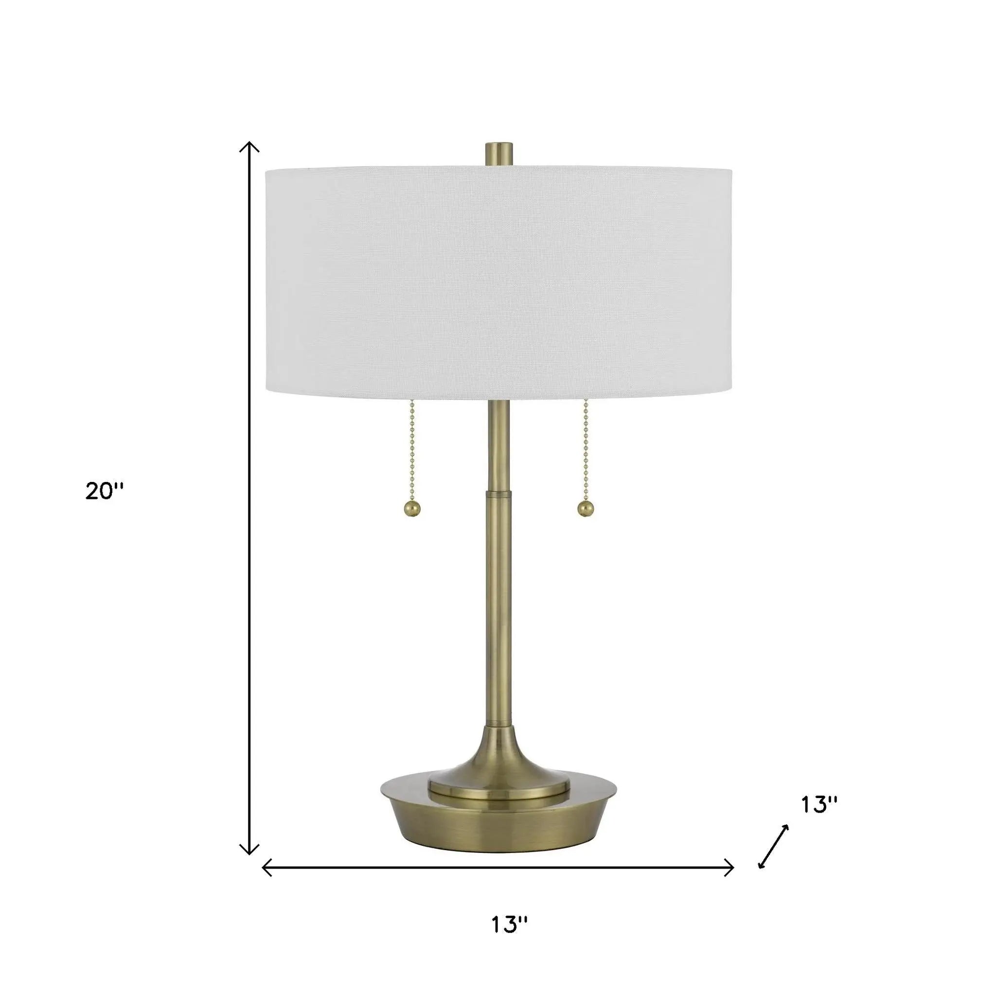 20" Antiqued Brass Metal Two Light Table Lamp With White Drum Shade Homeroots Lighting