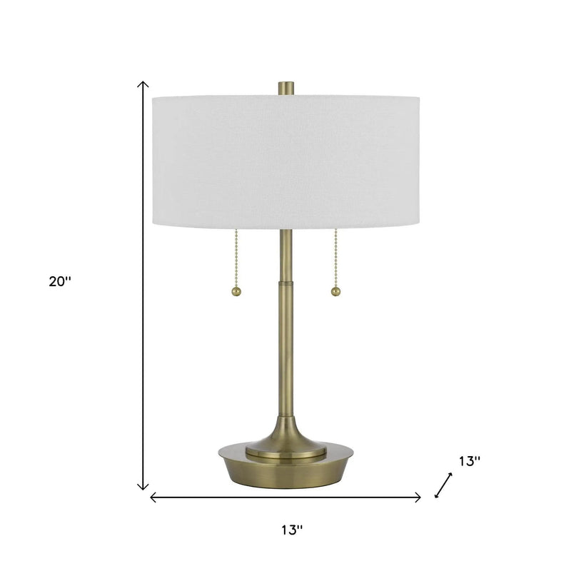 20" Antiqued Brass Metal Two Light Table Lamp With White Drum Shade Homeroots Lighting