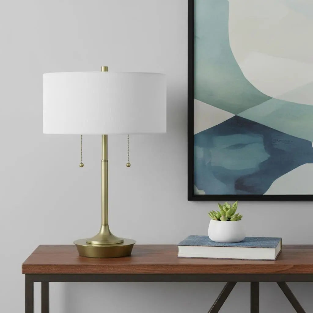 20" Antiqued Brass Metal Two Light Table Lamp With White Drum Shade Homeroots Lighting