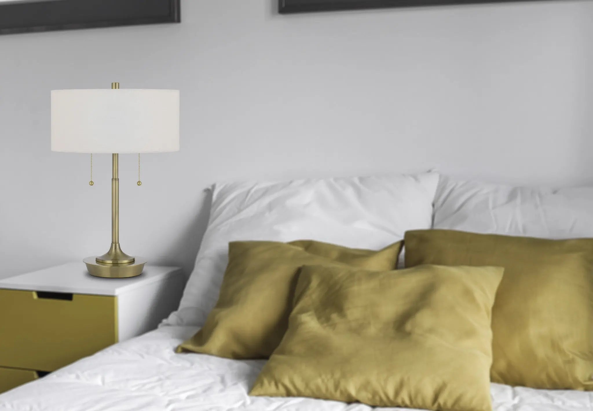 20" Antiqued Brass Metal Two Light Table Lamp With White Drum Shade Homeroots Lighting