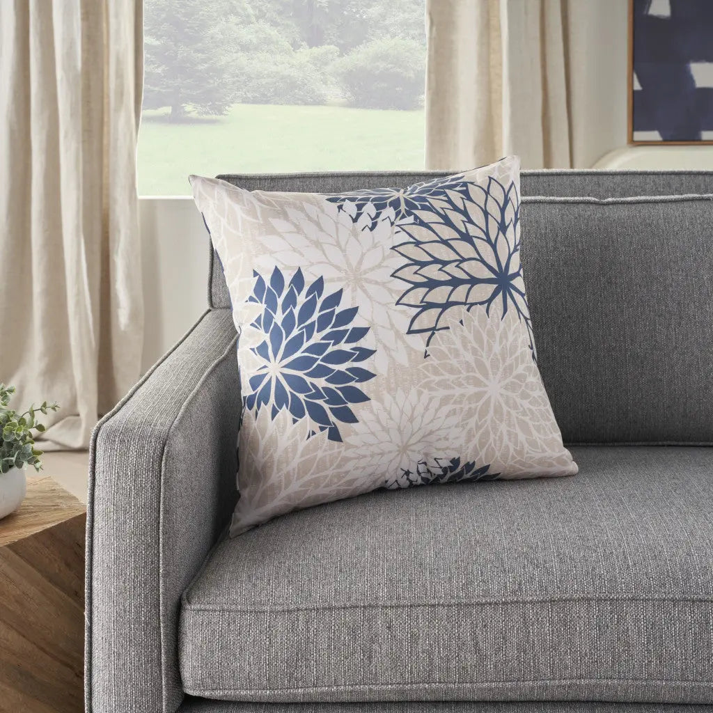 20" Beige Blue and Ivory Floral Indoor Outdoor Throw Pillow Homeroots Outdoor