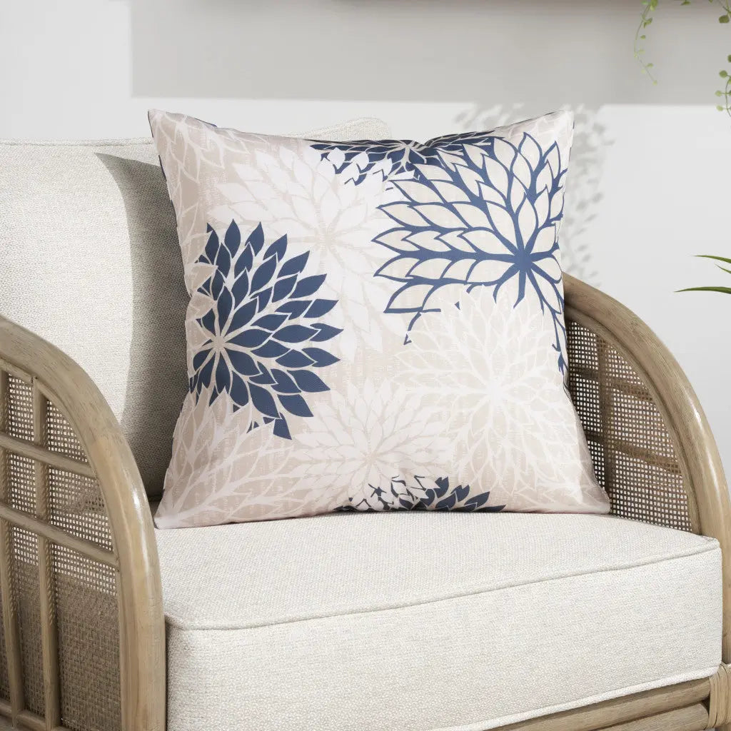 20" Beige Blue and Ivory Floral Indoor Outdoor Throw Pillow Homeroots Outdoor