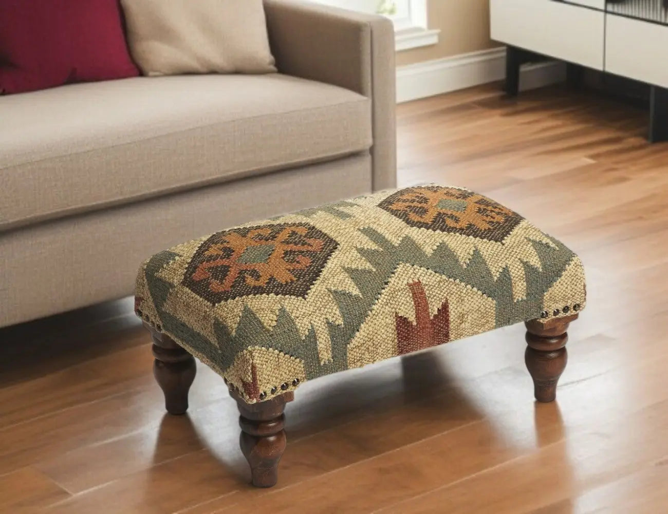 20" Beige Brown and Green Jute And Wool Southwestern Footstool Homeroots Living Room