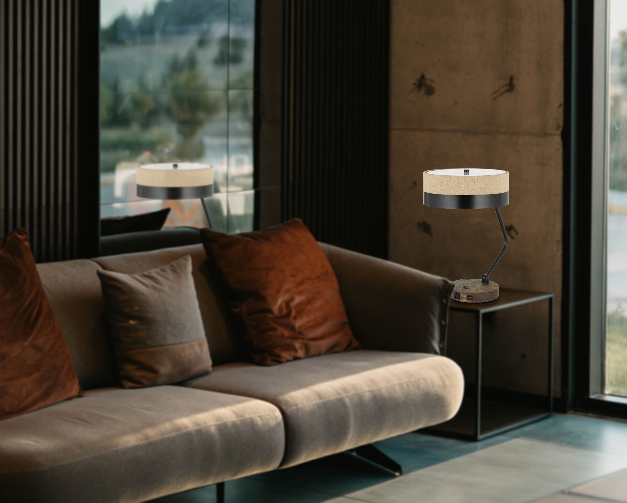 20" Black And Brown Wood And Metal Two Light USB Table Lamp With Beige And Black Shade - GreatEagleInc
